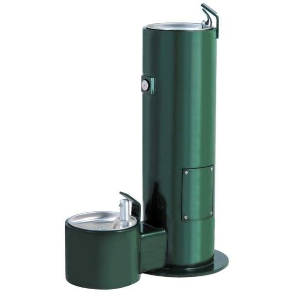 Green steel water fountain with three drinking stations: dog-height, ADA accessible, and standard options.