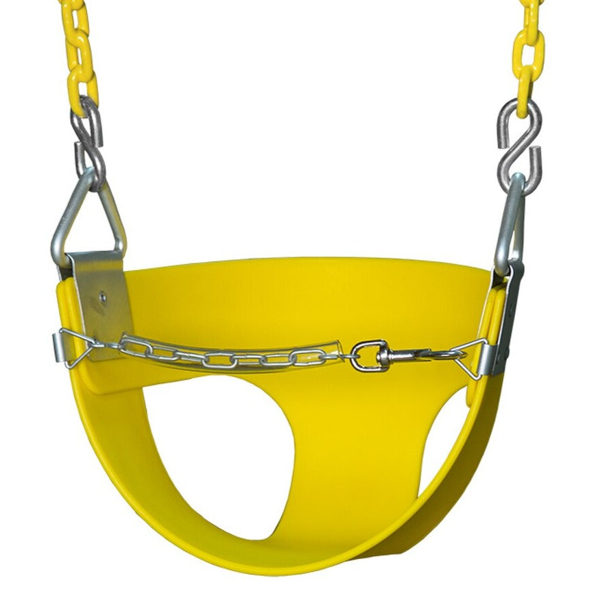 Bright yellow toddler half-bucket swing seat with plastisol-coated hanging chains and front safety chain