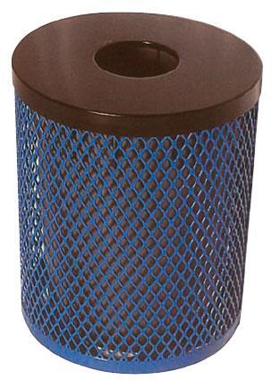 Cylindrical metal trash receptacle with blue diamond-patterned expanded metal body and brown flat top lid with circular opening