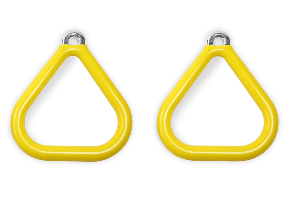 Trapeze Rings - Aluminum (Pair) with yellow grippy plastic triangular rings and metal attachment loops for swing set accessories