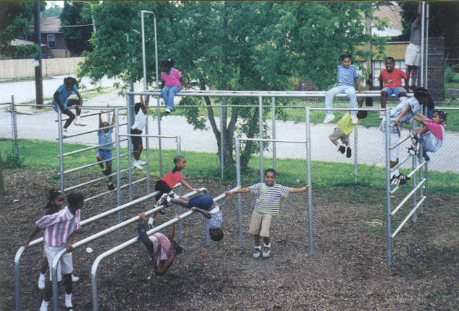 Galvanized steel climbing structure with horizontal ladder, parallel bars, and children playing actively outdoors