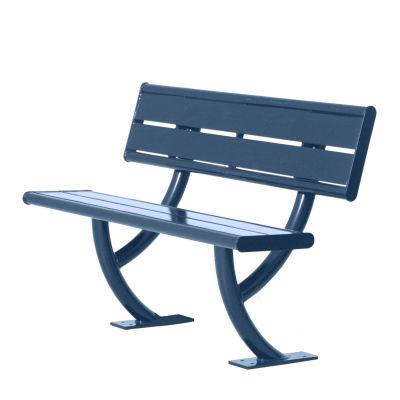 Powder-coated blue outdoor bench with wide slat backrest and curved metal legs, surface mount design