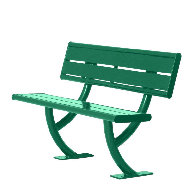 Green outdoor bench with wide slat backrest and seat, curved powder-coated metal legs, suitable for parks and community spaces