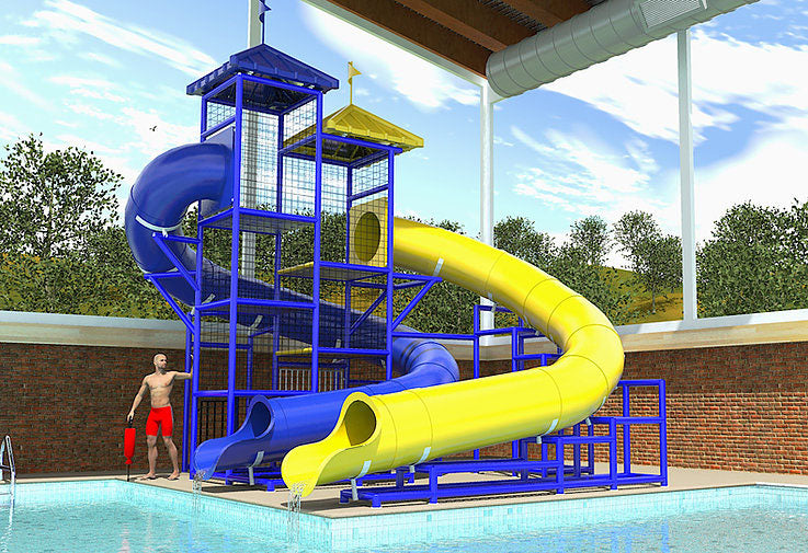 Lake Superior Water Slide with dual curved blue and yellow slides, blue metal frame, and covered poolside setting