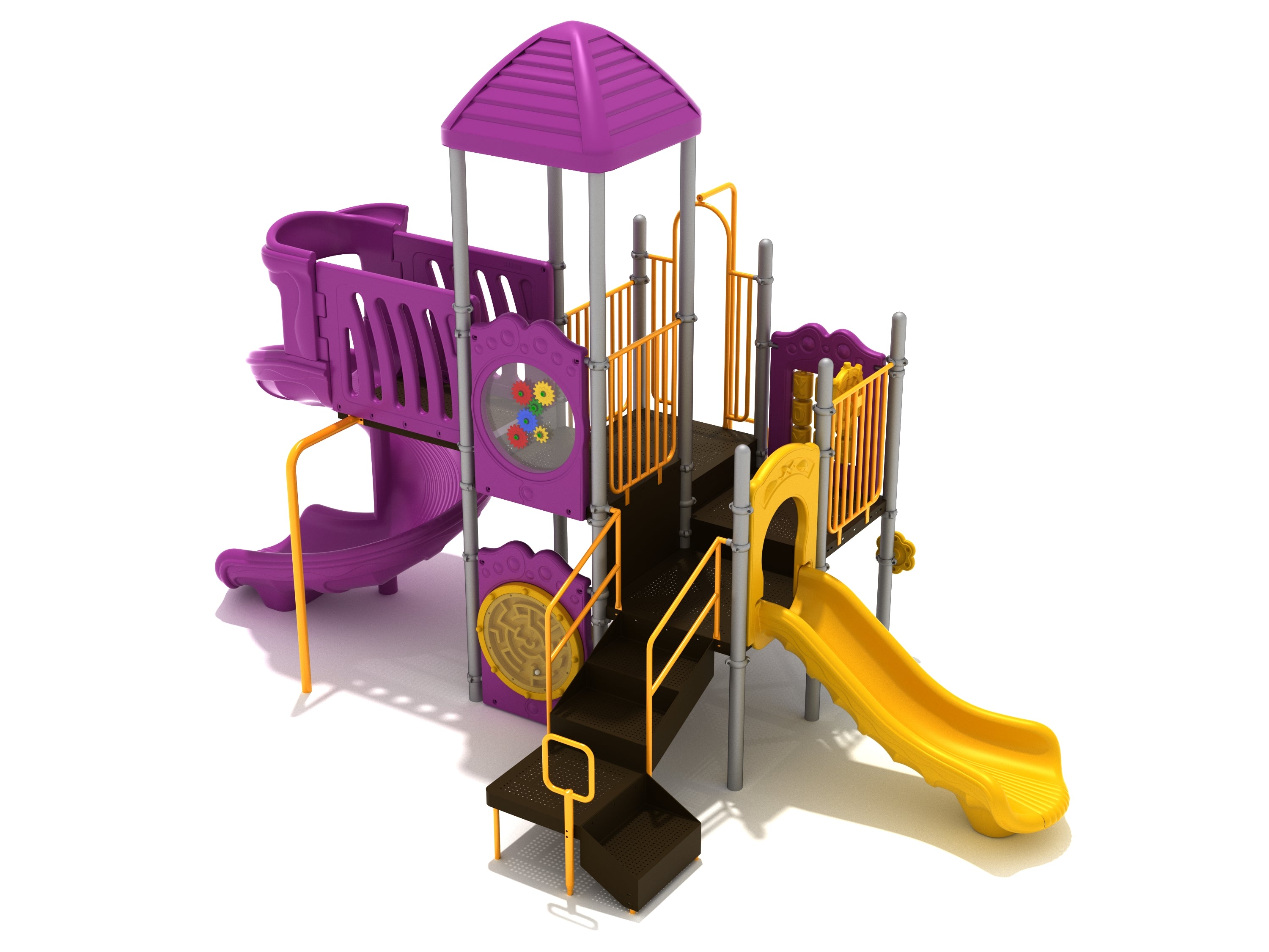 Colorful playground with purple spiral slide, yellow straight slide, orange railings, and interactive activity panels