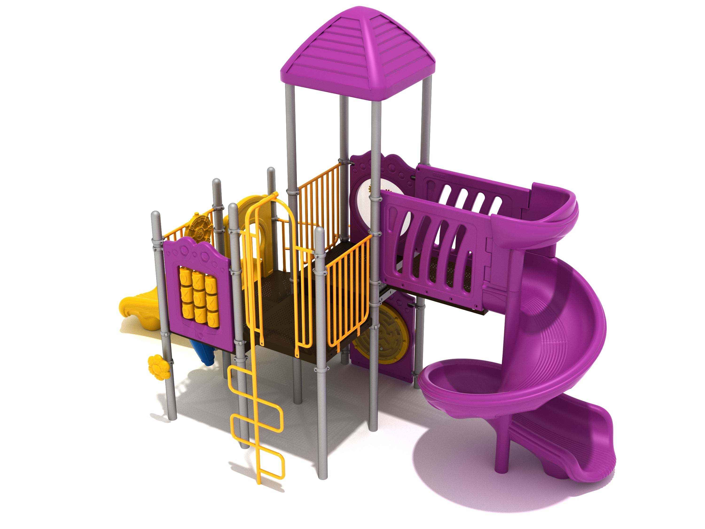 Purple and yellow playground structure with spiral slide, straight slide, climbing ladder, and interactive activity panels