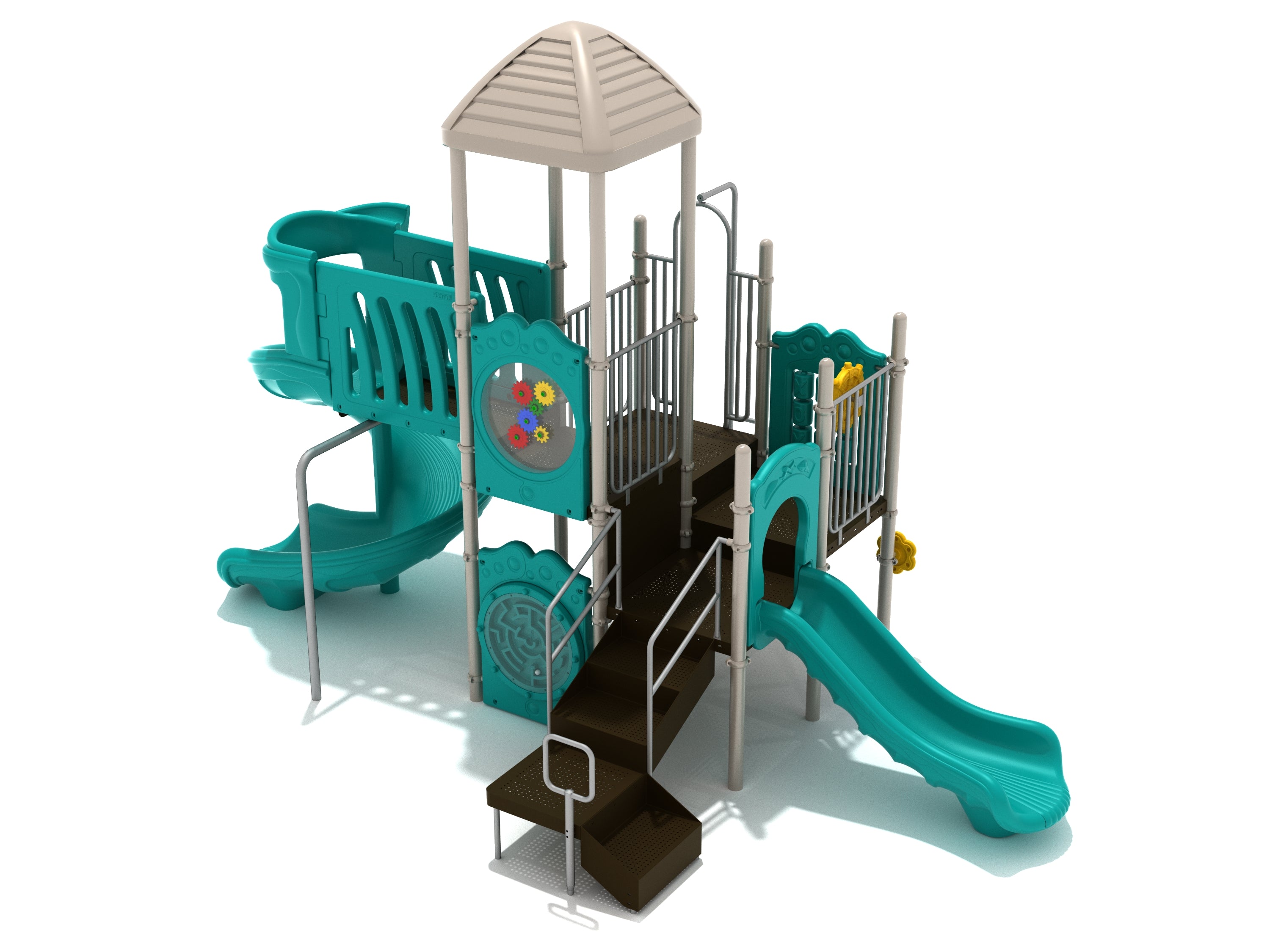 Compact playground structure with spiral and straight slides, gear, tic-tac-toe, and ball maze activity panels, small roofed platform.