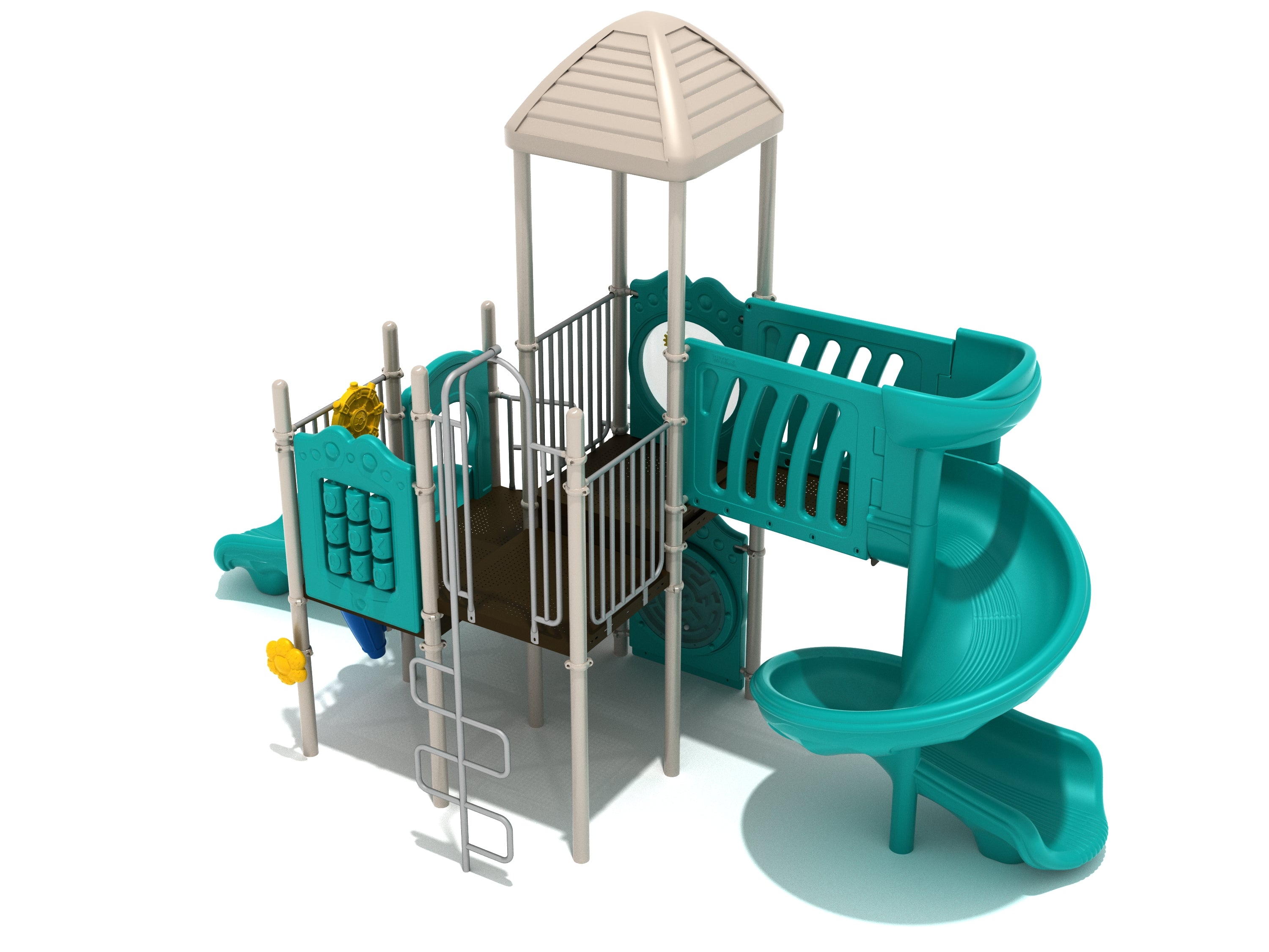 Compact playground structure with beige posts, teal spiral and straight slides, and activity panels including tic-tac-toe and gear games