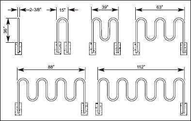 Modern tubular steel bike rack with multiple curved loops for securing bicycles, shown in technical dimension layout.