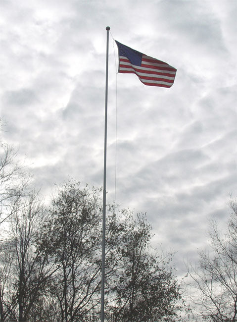 Flagpole 40 Foot High with American flag flying against cloudy sky above bare trees, galvanized steel outdoor flagpole