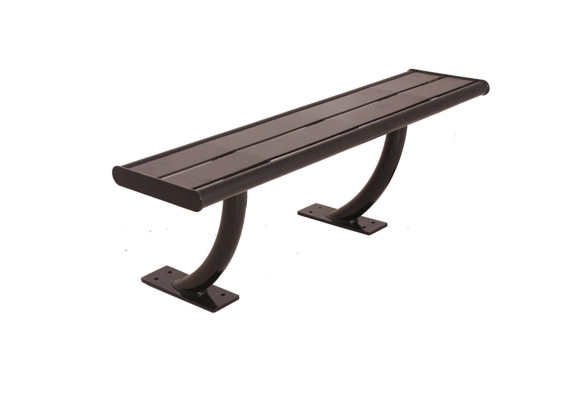 Hartford Bench without Back with sleek wide slat design, curved black metal supports, outdoor park seating