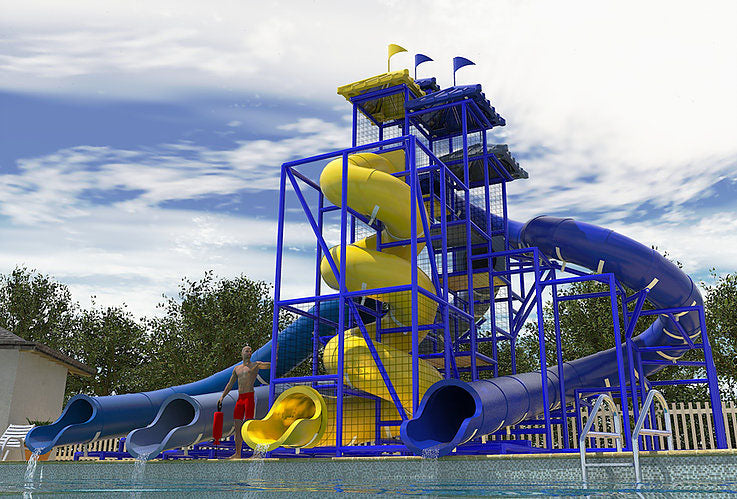 The Pacific Ocean Water Slide with four vibrant blue and yellow slides, including a tall spiral and three curved flumes beside a pool