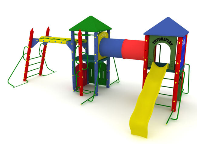 Fort Cumberland Playground with colorful crayon towers, climbing structures, tunnel, and yellow slide for active play
