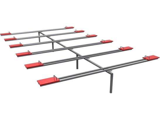 Heavy-duty metal seesaw with 12 red seats arranged for group play in a playground setting