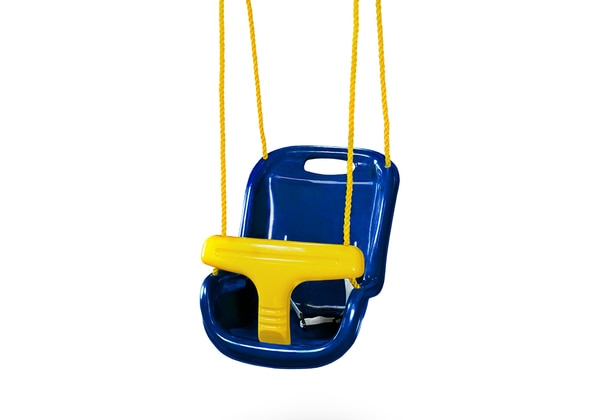Infant Swing with high back, secure yellow T-bar, yellow ropes, available in blue, green, or pink for swing set attachment