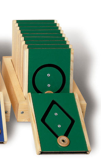 Motor Shapes Learning Tool wooden tiles with tactile shapes and movable buttons for tracing paths, multi-sensory motor skill development