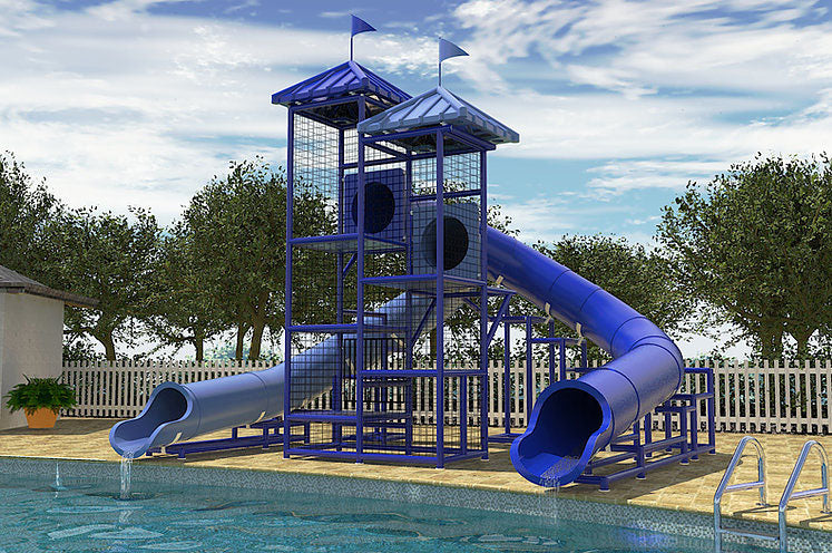 Lake Michigan Water Slide with twin curved blue flumes, twin towers with roofs and flags, beside a pool and white picket fence