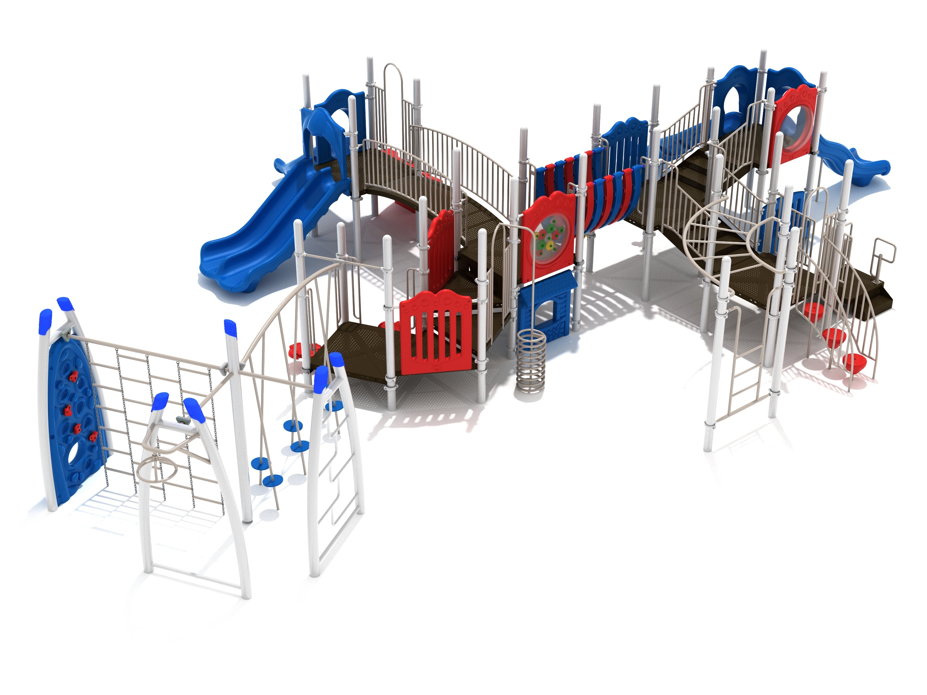 Colorful playground structure with slides, climbing walls, bridges, ladders, and interactive play panels in blue, red, and beige.