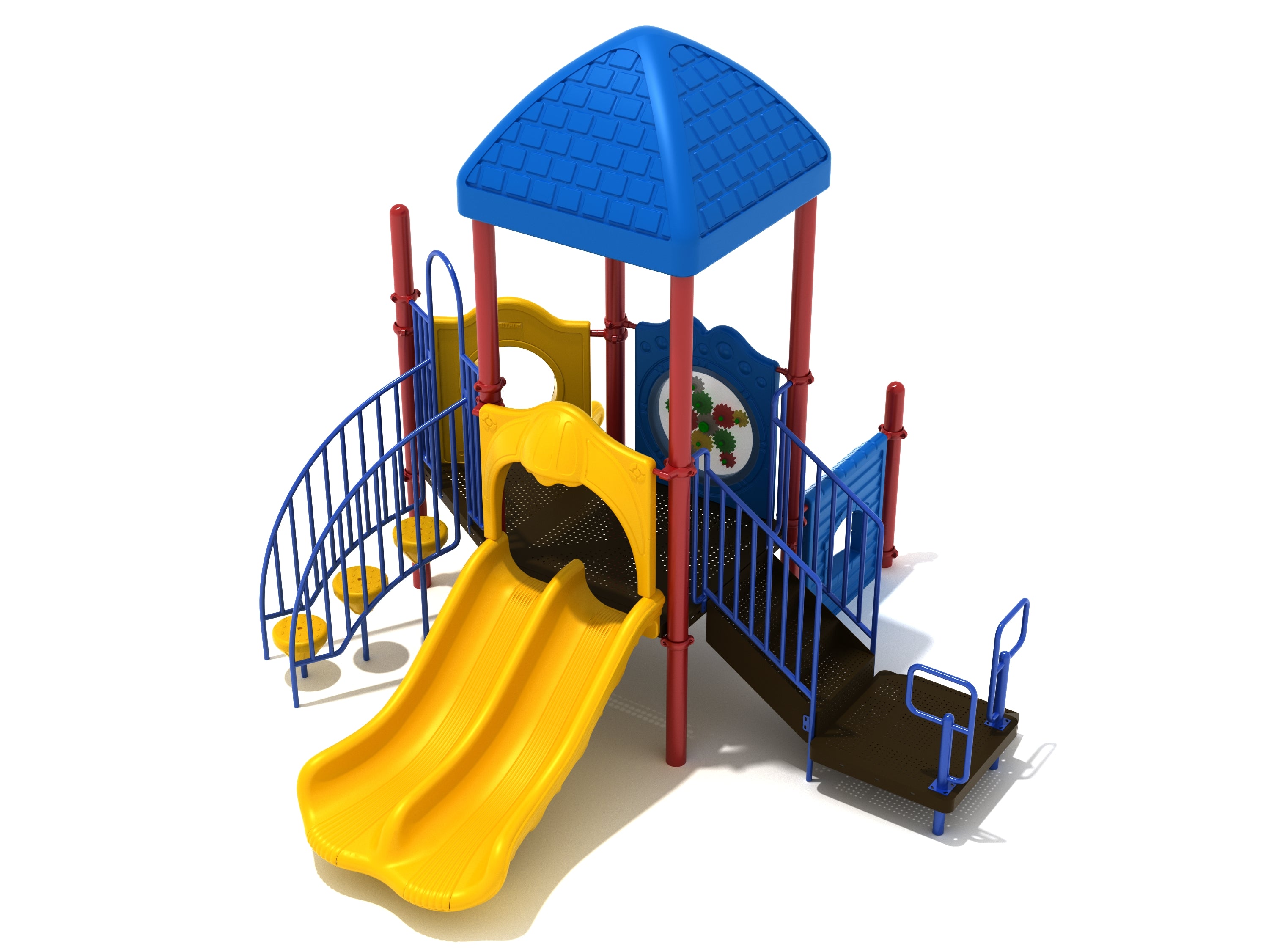 Williamson Playground with blue roof, yellow double slide, pebble climber, stairs, and spinning gear panel in a compact commercial play system