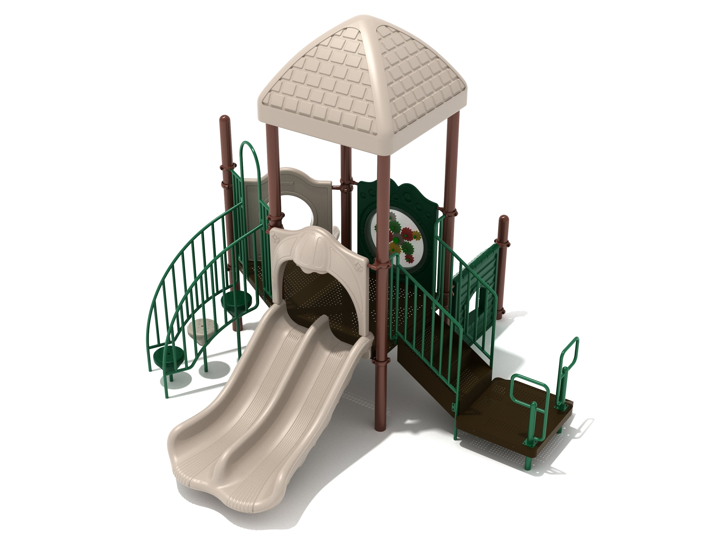 Compact playground structure with dual beige slides, green railings, climbing steps, and a spinning gear panel under a shingled roof.