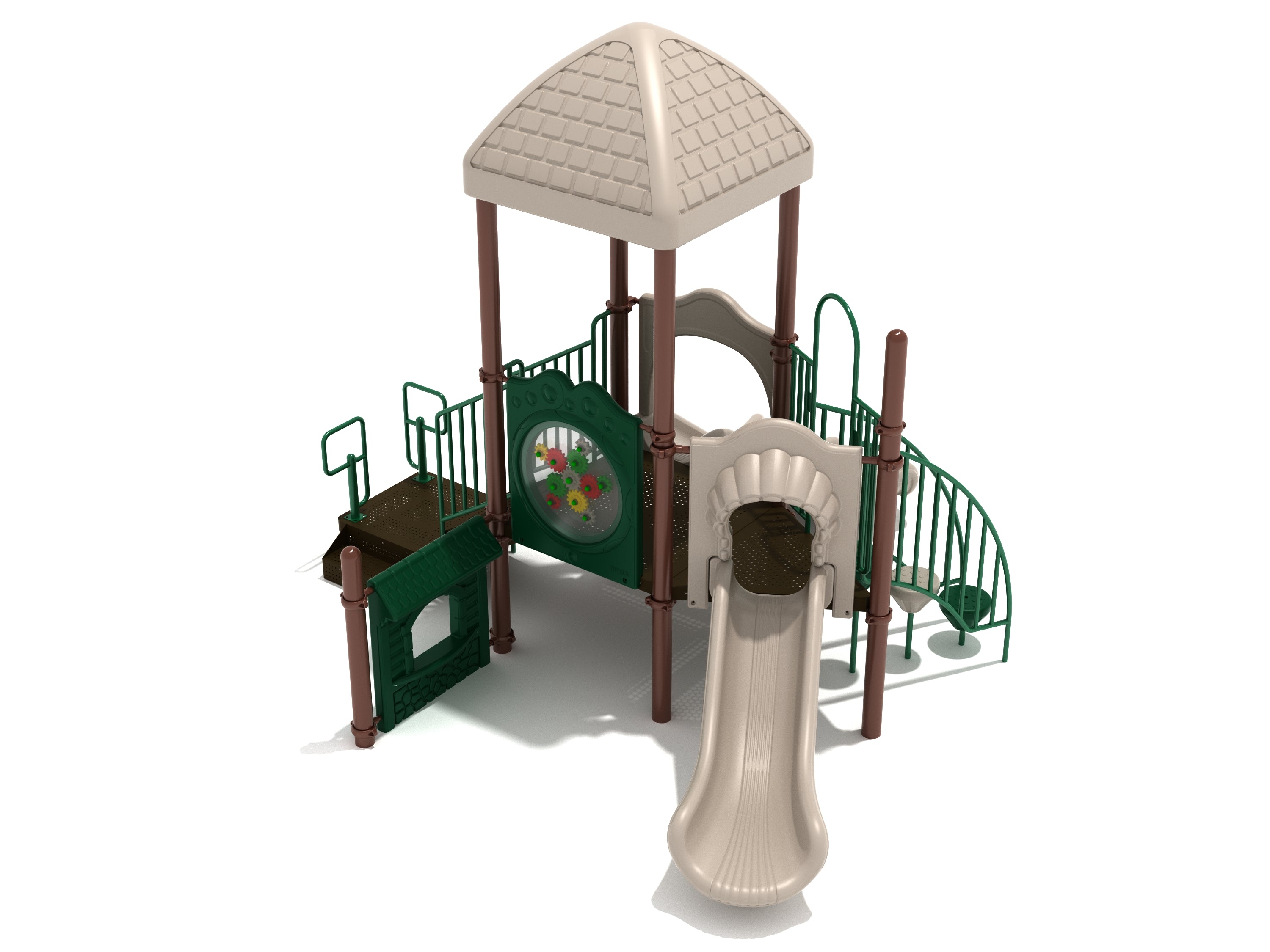 Compact playground structure with beige slide, green climbing panels, spiral stairs, roofed platform, and multiple play features