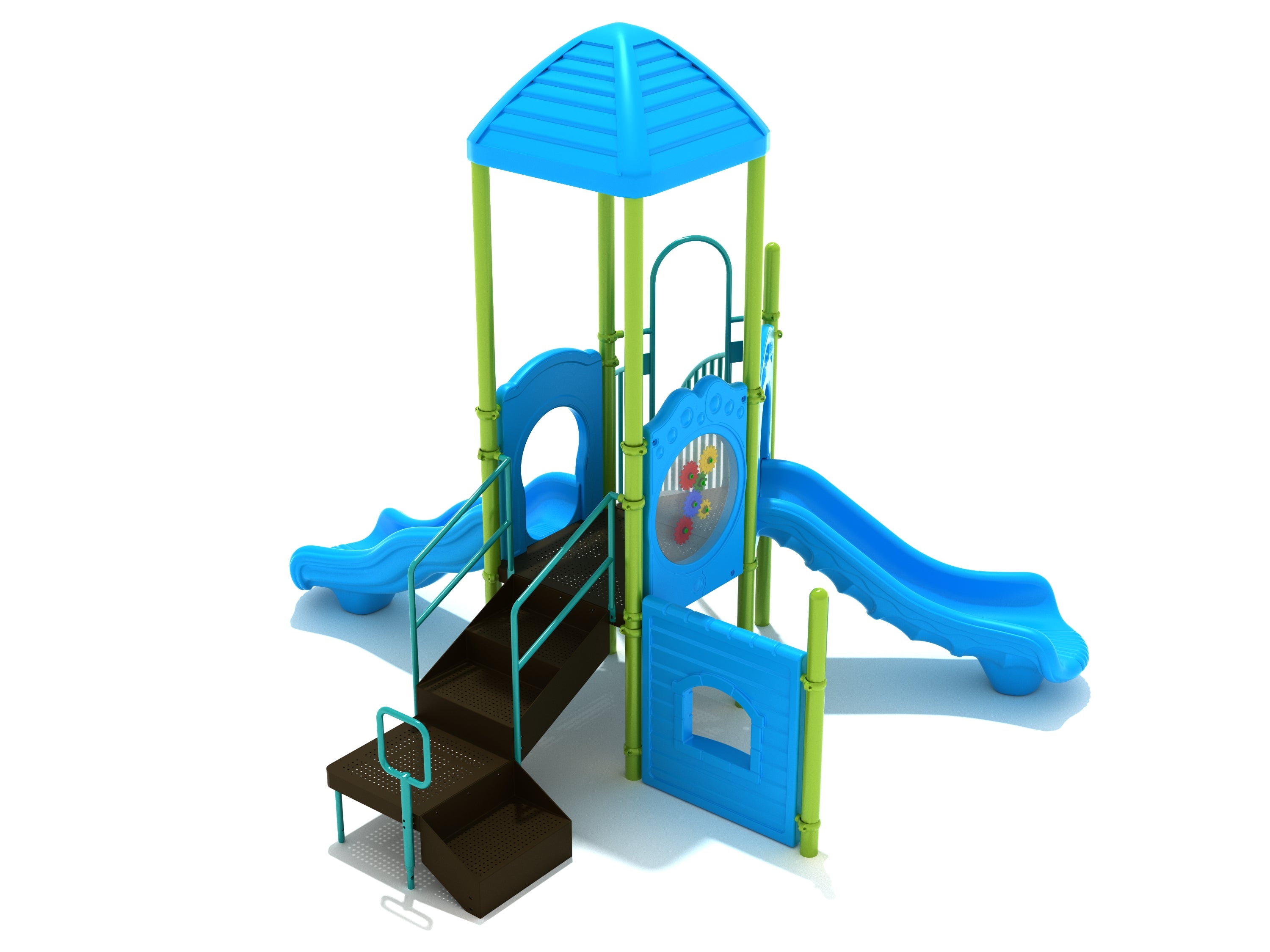 Palo Alto Playground large play system with blue roof, two blue slides, stairs, colorful gear and store activity panels.