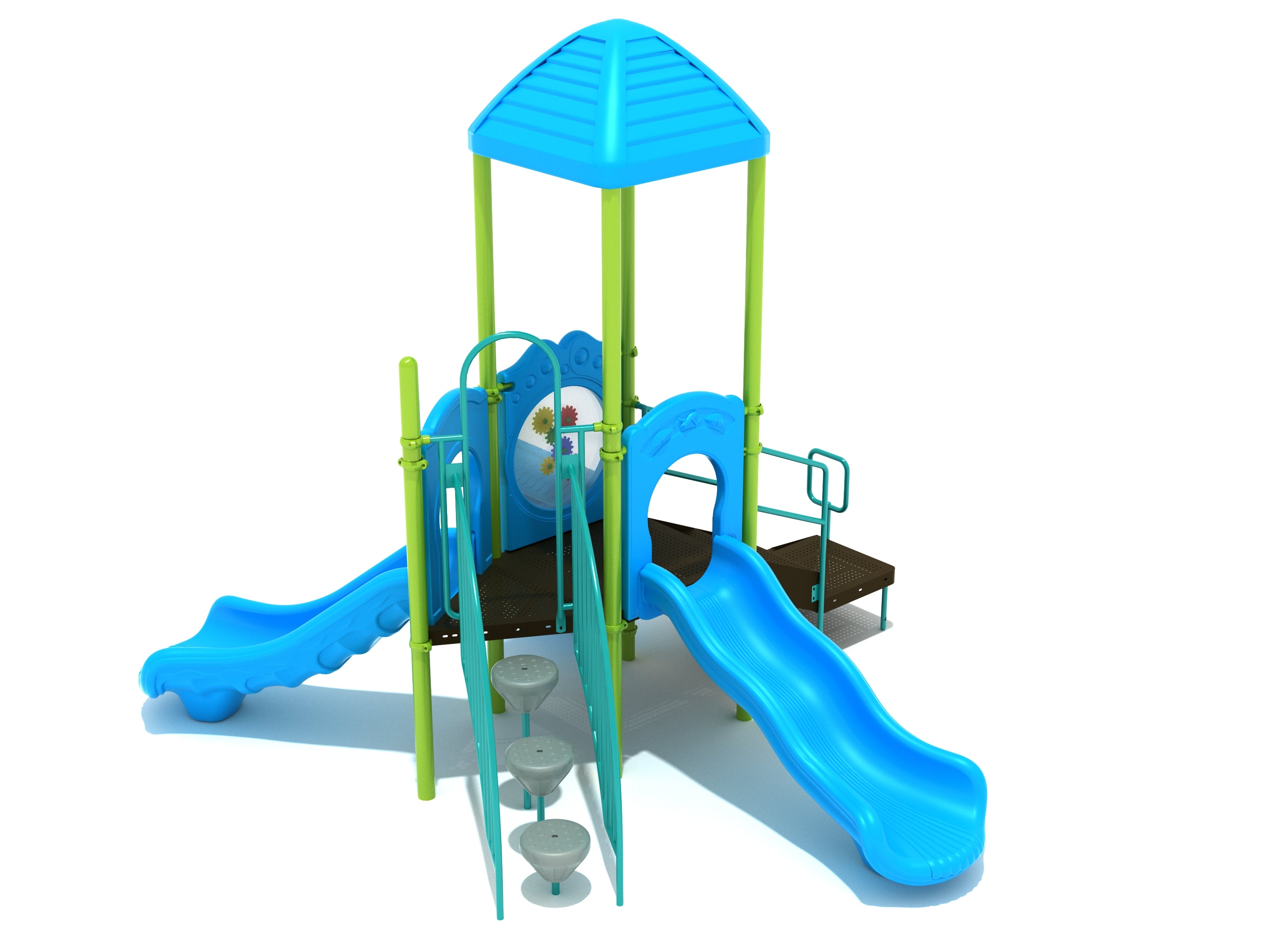 Colorful playground structure with two blue slides, climbing steps, activity panels, and a blue roof