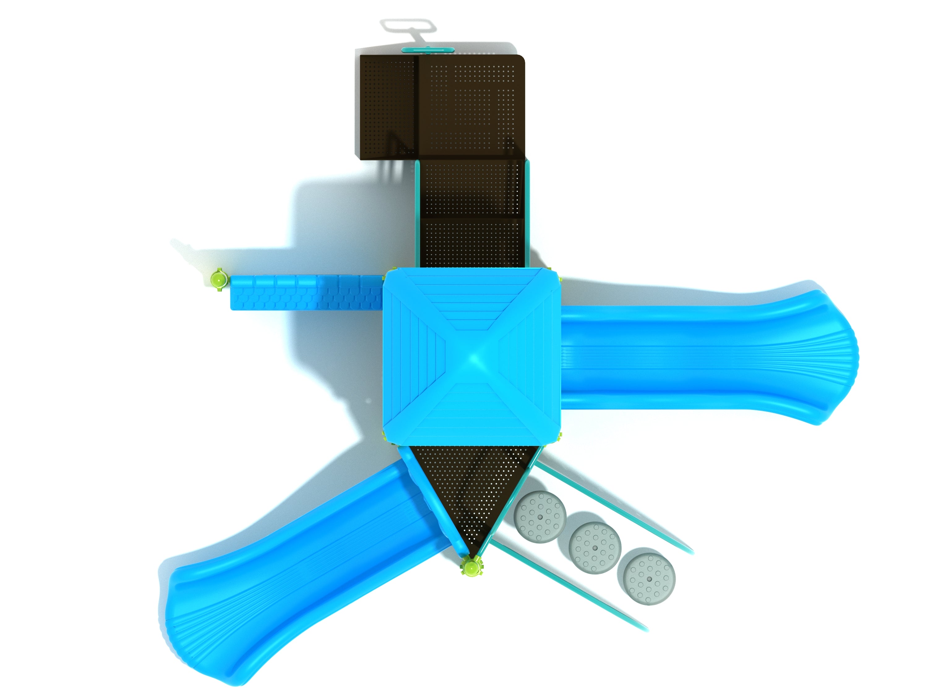 Overhead view of playground with two blue slides, central roof, climbing platforms, and colorful activity panels