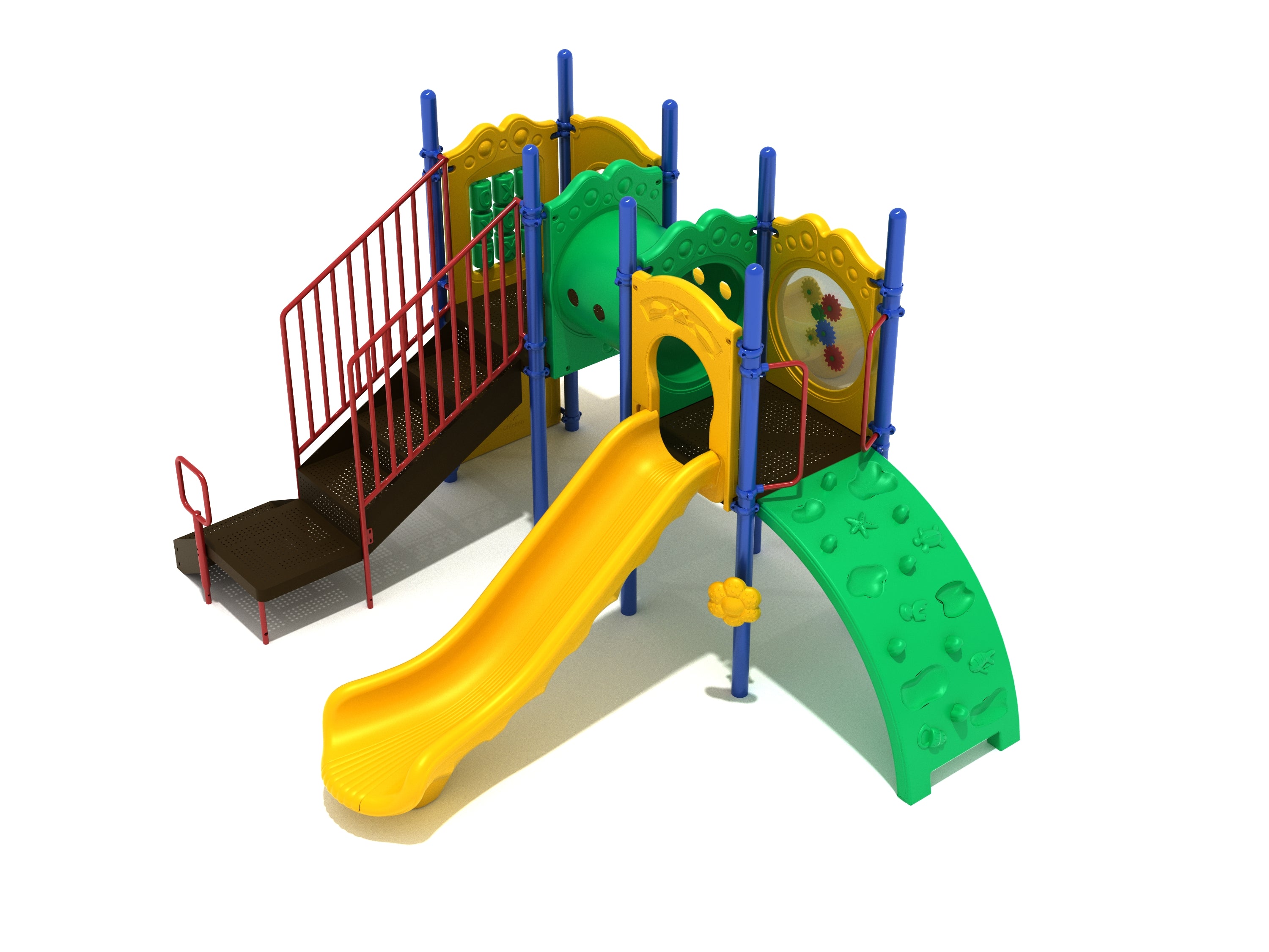Colorful playground structure with yellow slides, green climbing wall, red stairs, blue poles, and interactive gear and tic-tac-toe panels.