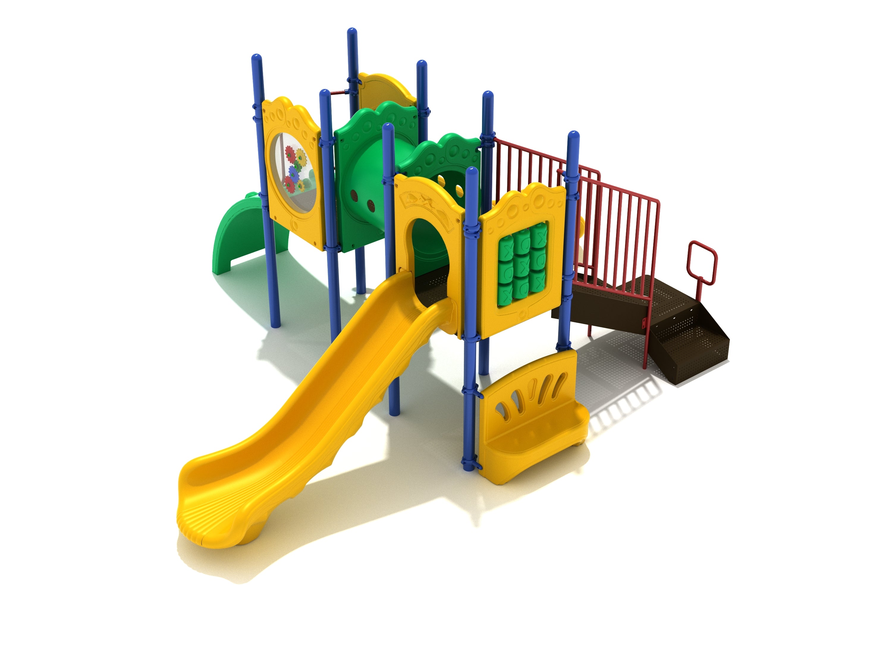 Colorful playground with twin yellow slides, green tube bridge, interactive gear and tic-tac-toe panels, and blue support poles.