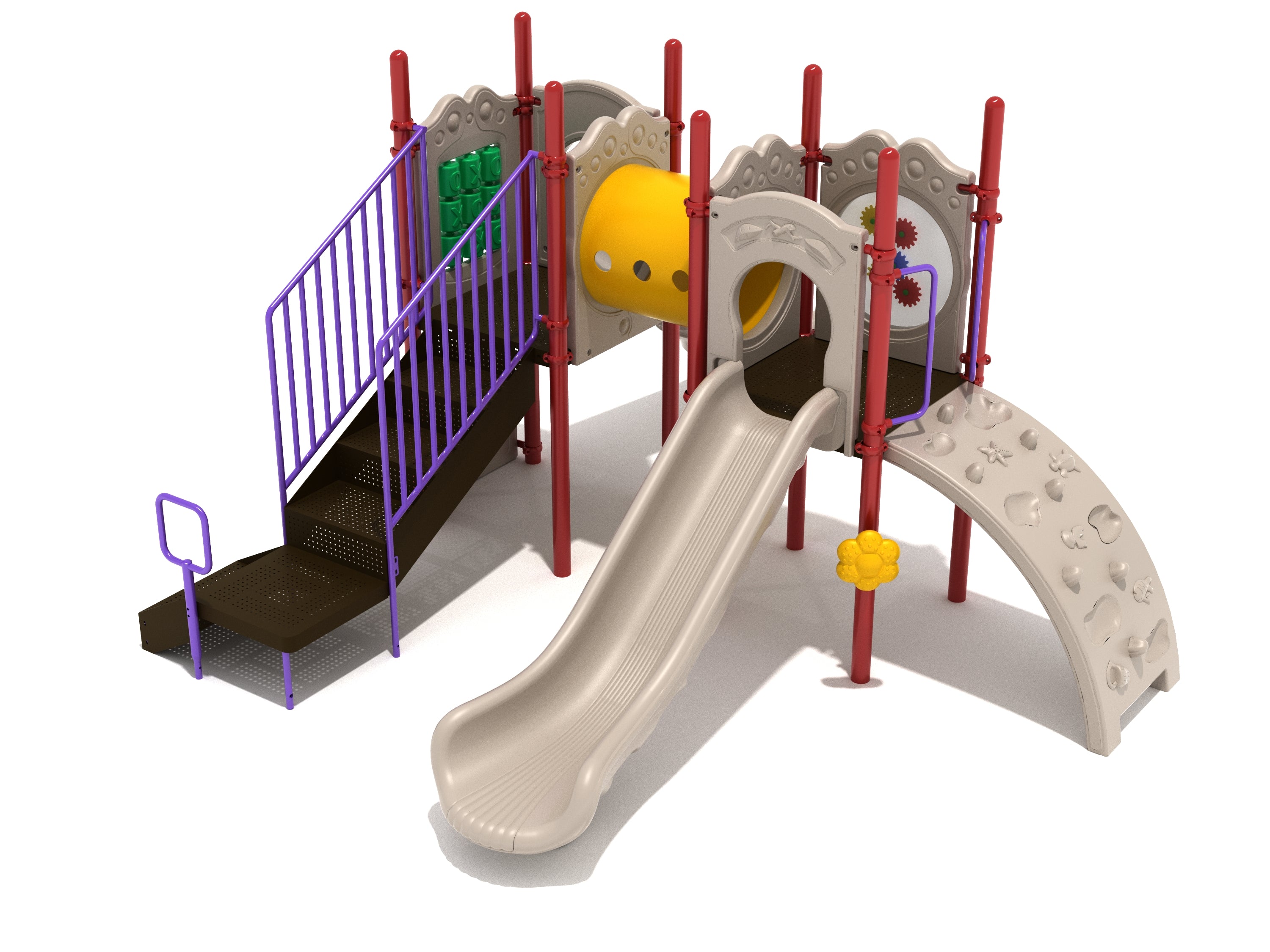 Playground structure with dual beige slides, yellow tube bridge, purple railings, interactive gear and tic-tac-toe panels, and climbing arch