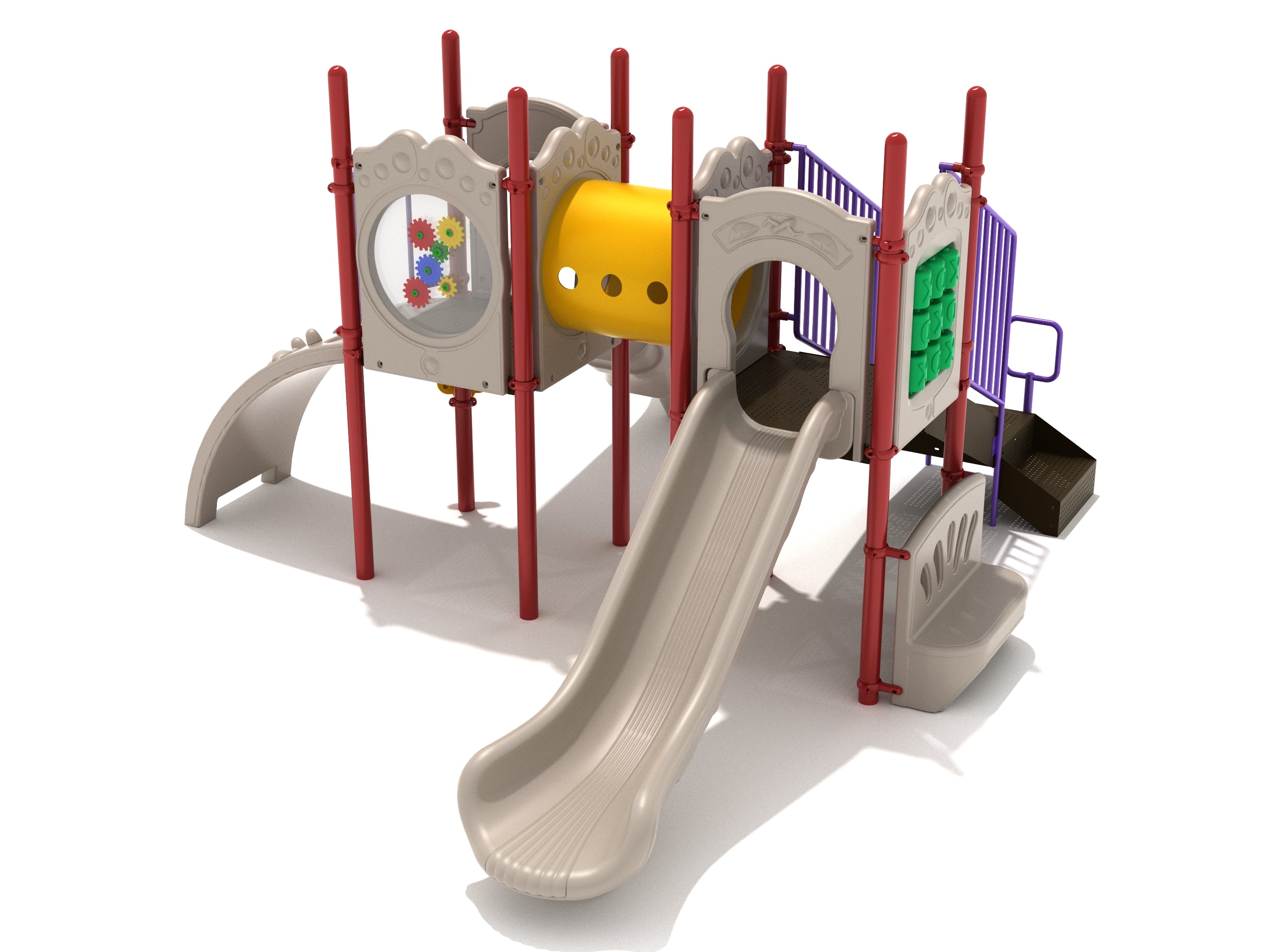Playground structure with dual straight slides, yellow tube bridge, interactive gear and tic-tac-toe panels, red and purple supports