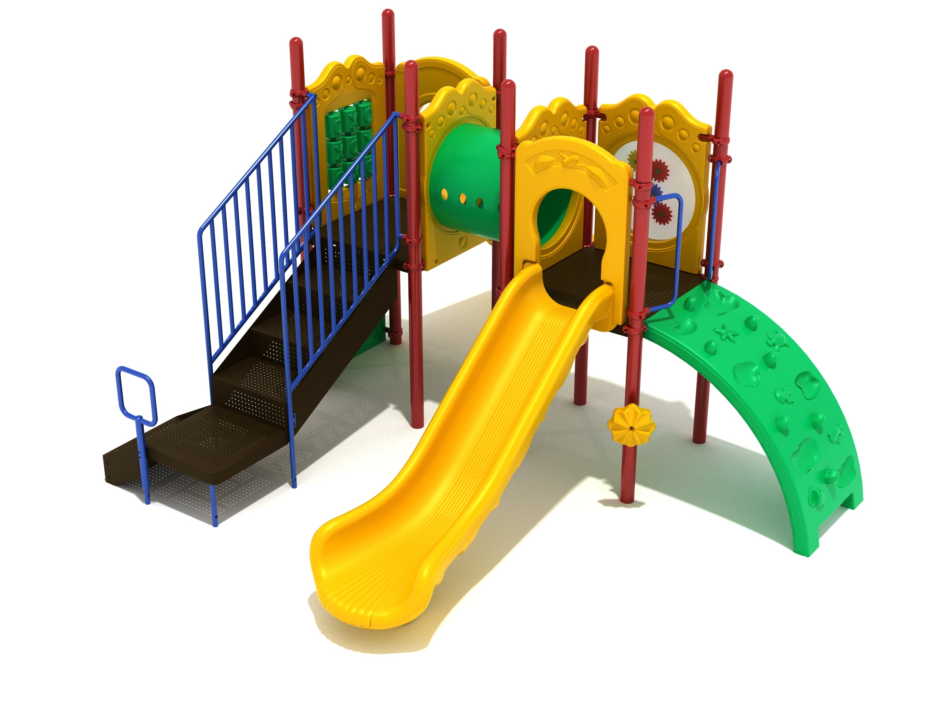 Colorful playground structure with twin yellow slides, green climbing wall, tube bridge, blue rail stairs, and interactive gear and tic-tac-toe panels