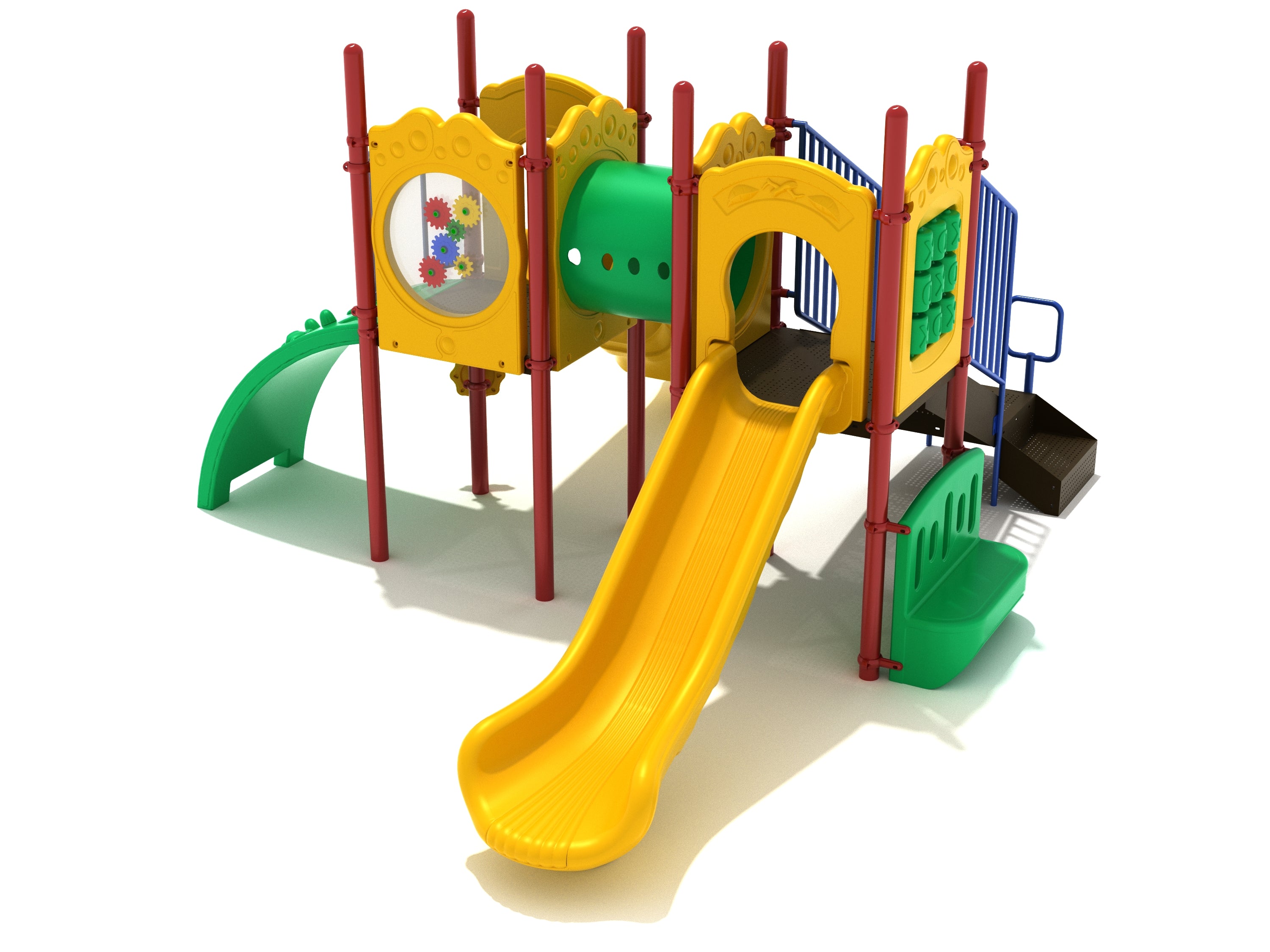Berkeley Playground with yellow slides, green tube bridge, red posts, gear and tic-tac-toe activity panels