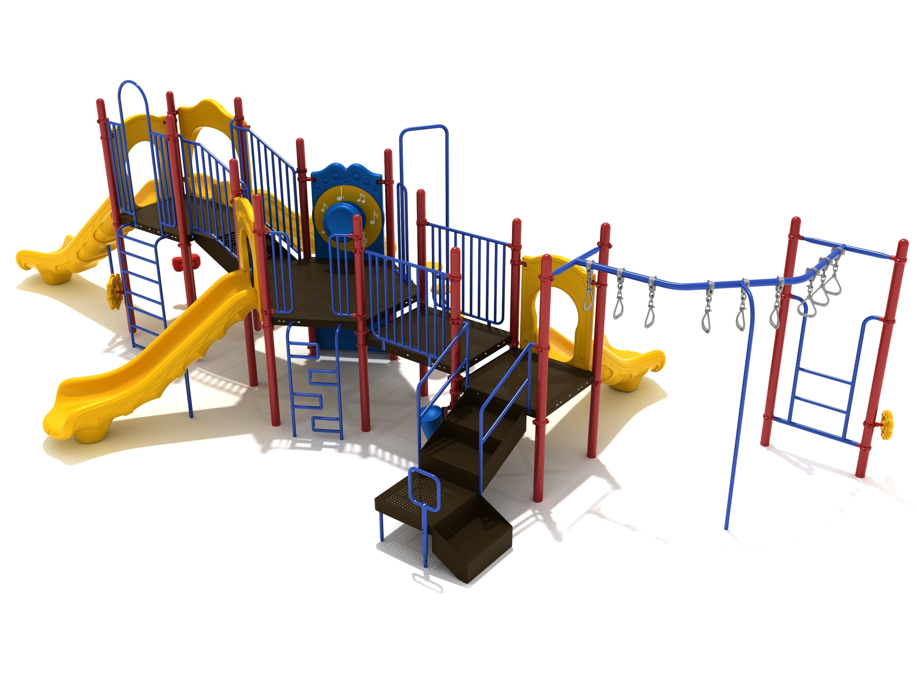 Colorful outdoor playground with yellow slides, blue and red climbing frames, musical play panels, and multiple platforms