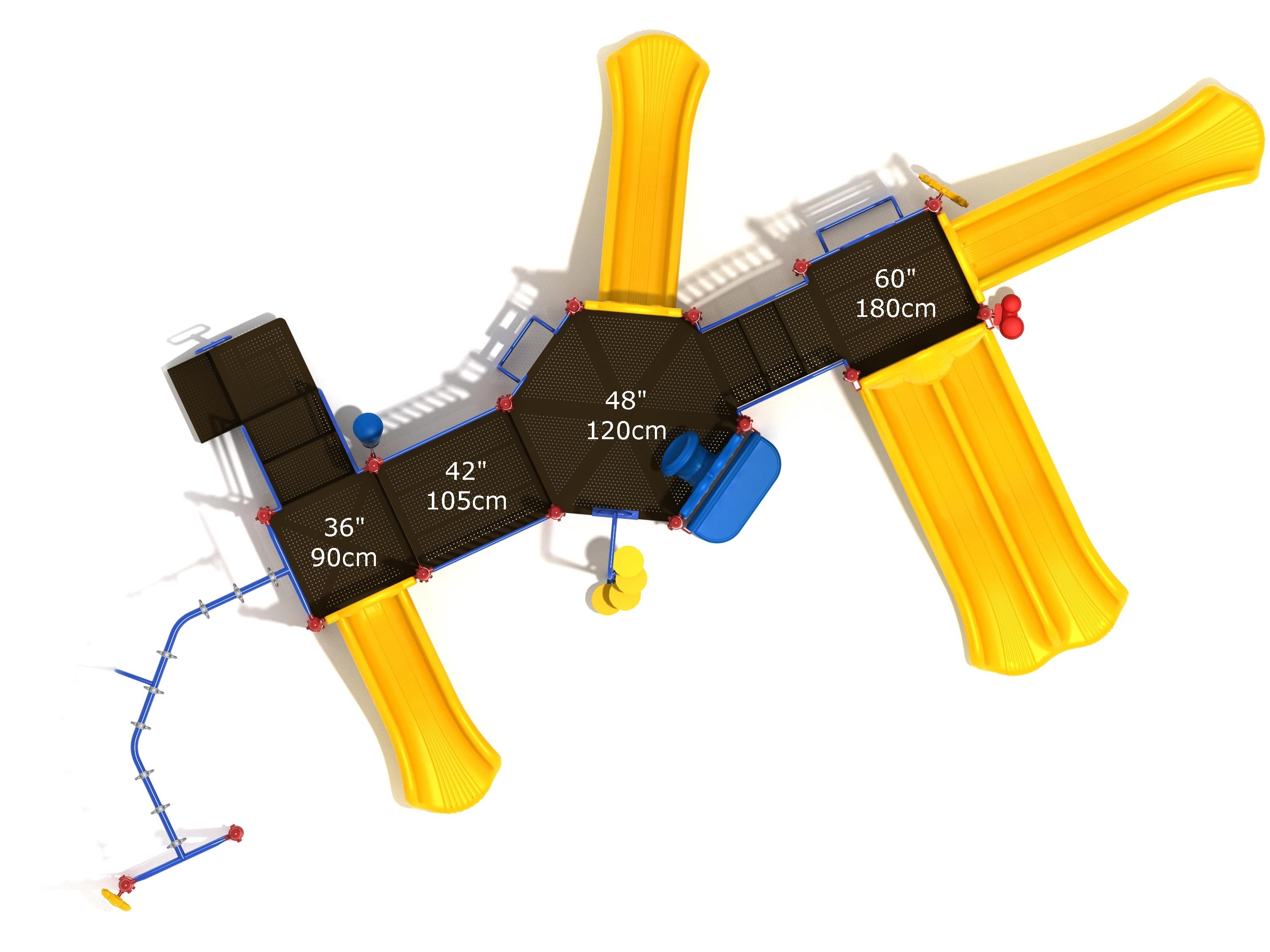 Overhead view of a large playground structure with multiple yellow slides, blue climbing bars, and black platforms
