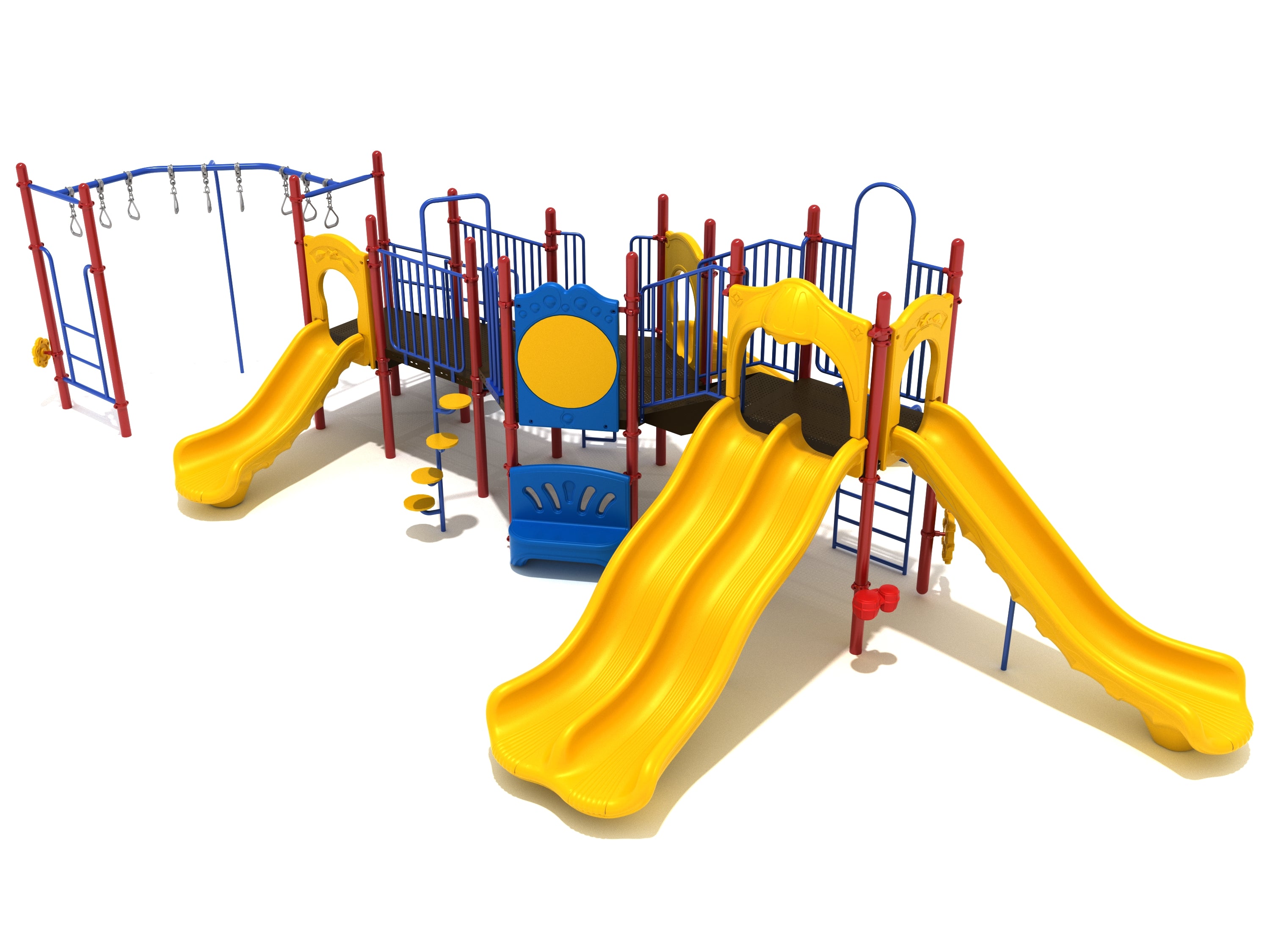 Colorful playground structure with multiple yellow slides, climbing ladders, and interactive play panels for children