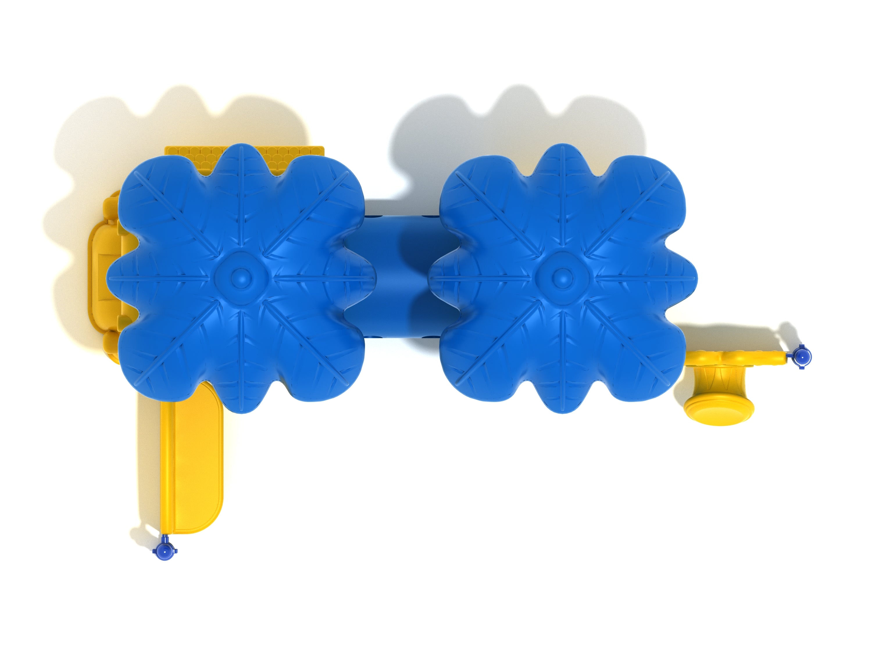 Overhead view of colorful playground with two large blue flower-shaped roofs, yellow slide, and connecting crawl tube