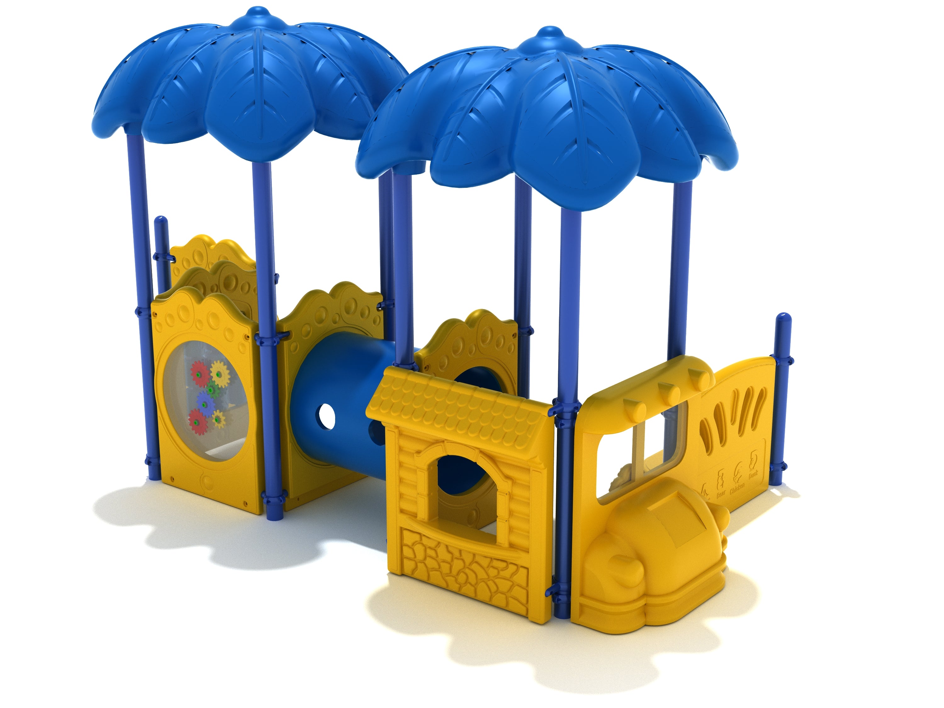 Colorful children's playground with blue leaf-shaped roofs, yellow activity panels, spinning tic-tac-toe and gear elements, and a blue crawl tube.