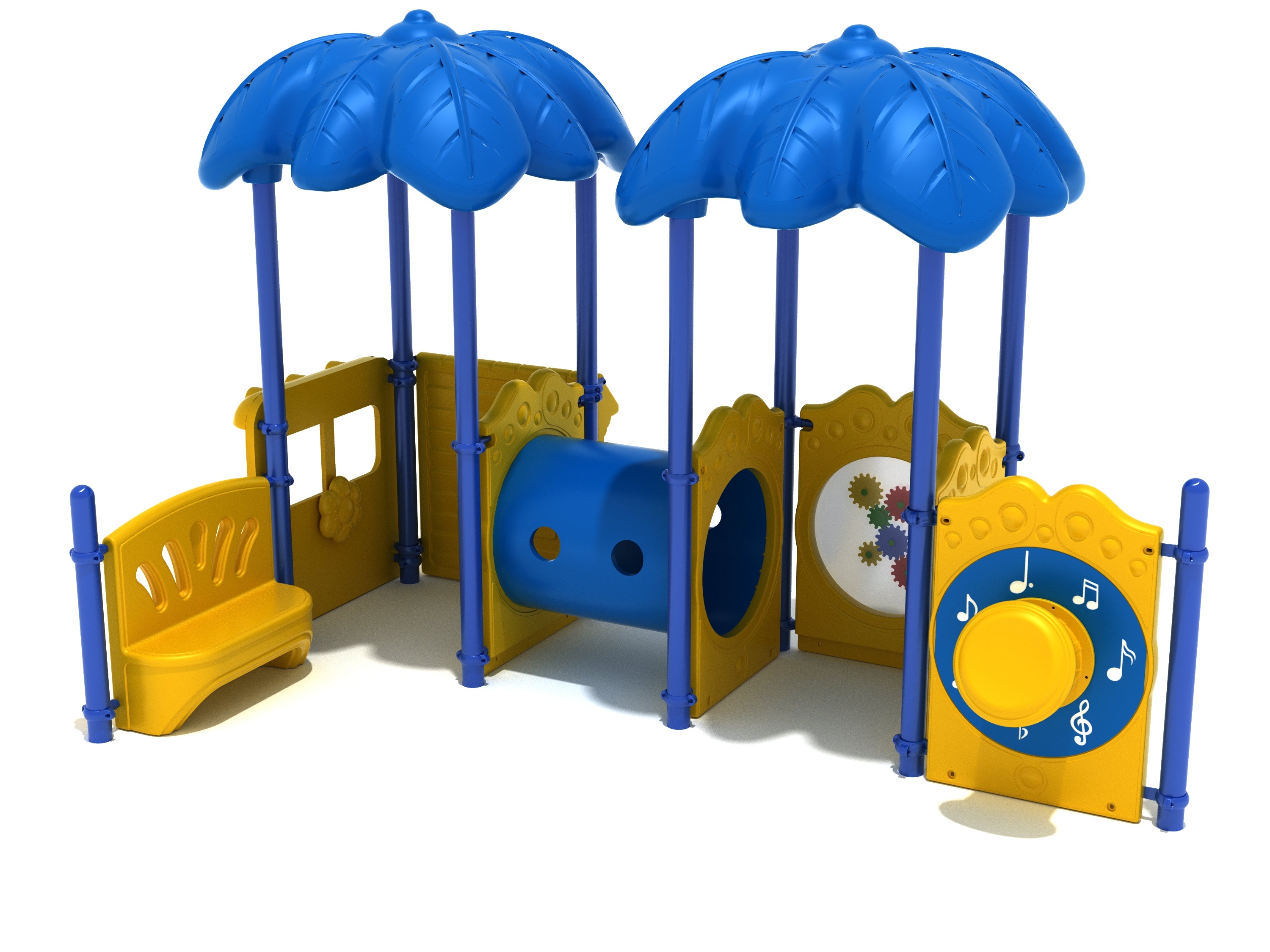 Children's playground structure with blue leaf canopies, yellow activity panels, crawl tube, interactive musical and gear elements