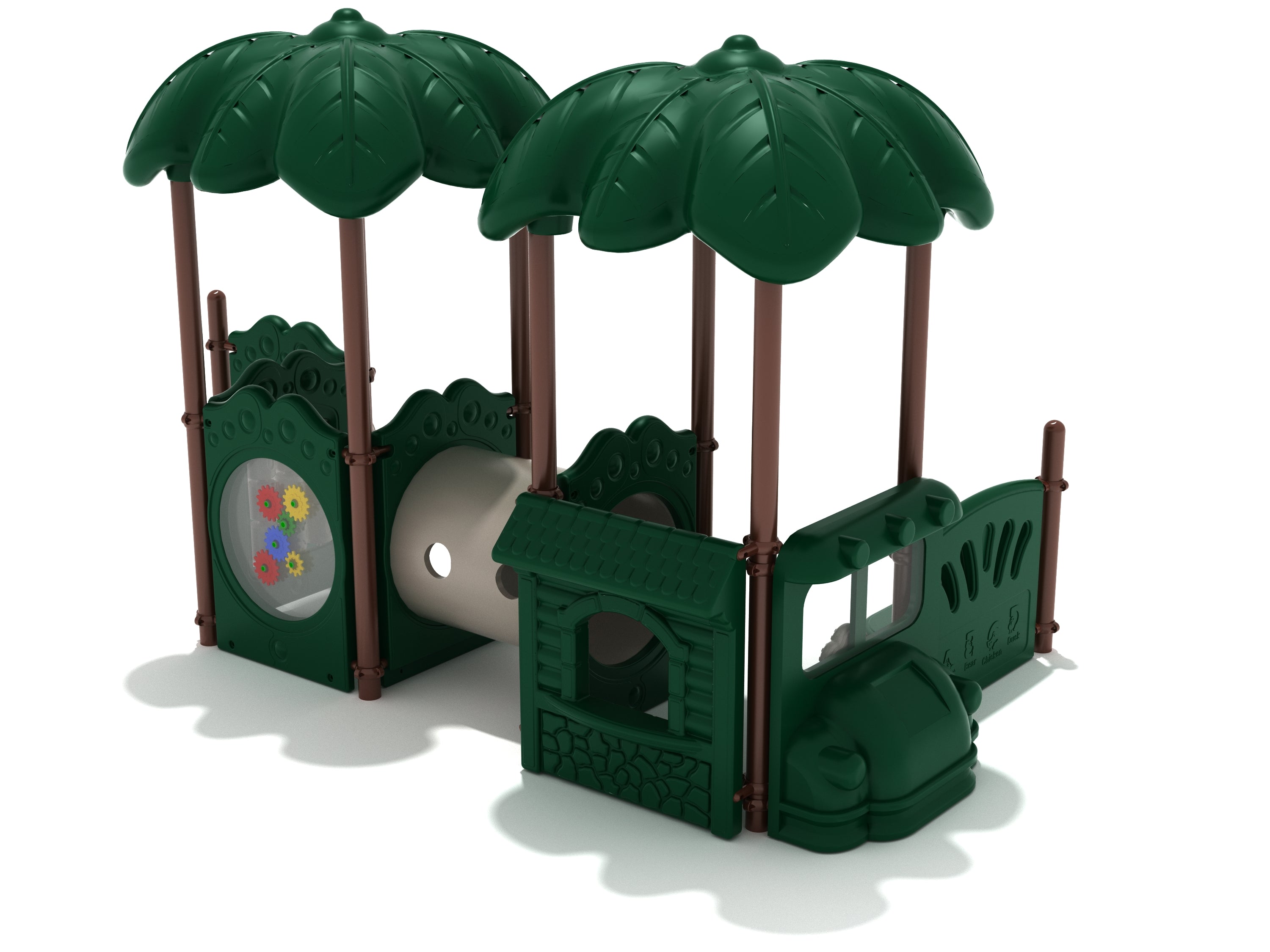 Compact green and brown playground structure with leaf-shaped canopies, activity panels including a spinning steering wheel, tic-tac-toe game, colorful gears, and a crawl tube.
