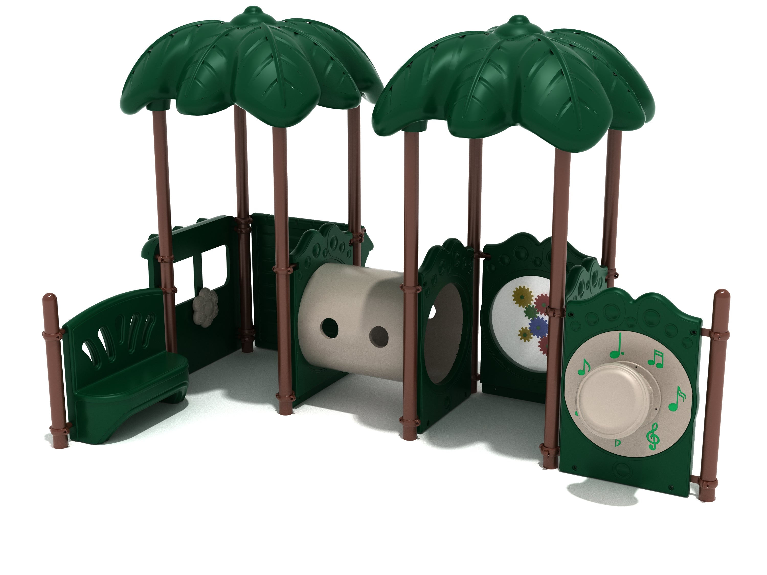 Children's playground structure with green leaf canopies, interactive activity panels featuring gears, musical notes, tic-tac-toe, and a crawl tube.