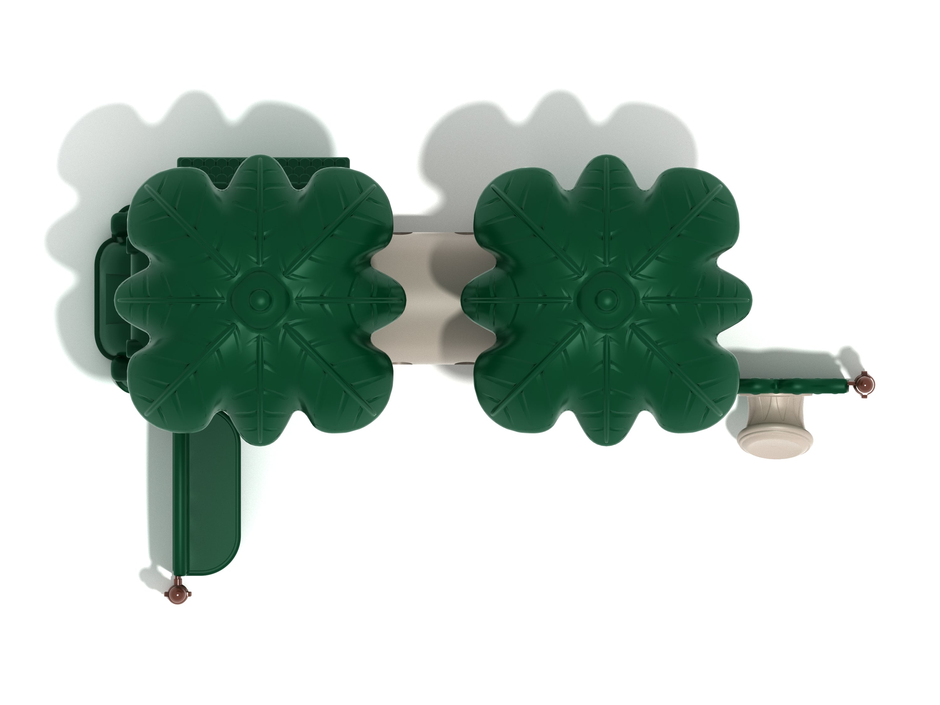 Overhead view of green and beige playground with leaf canopies, crawl tube, and interactive activity panels including tic-tac-toe and spinning gears