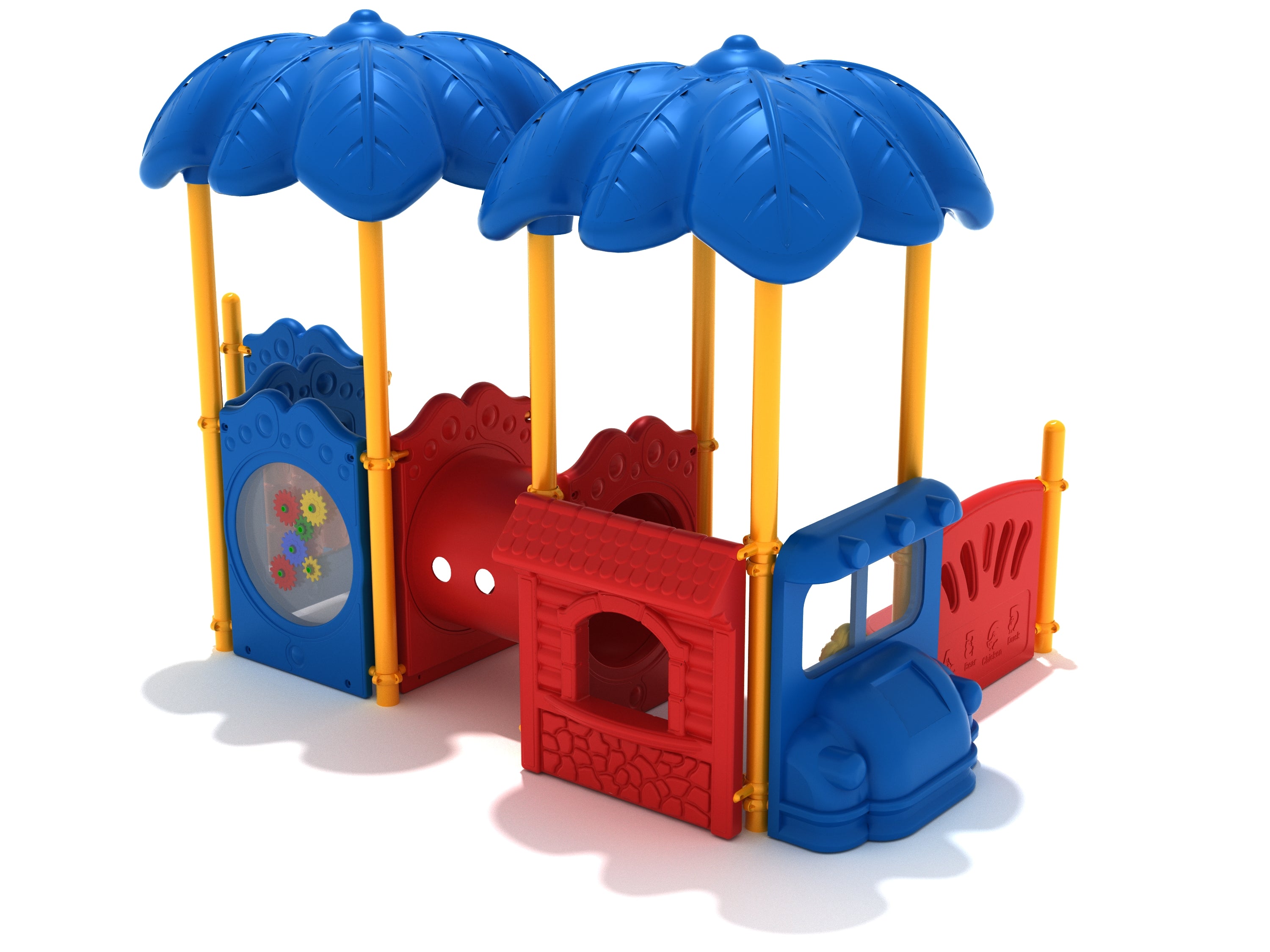 Colorful children's play structure with blue leaf canopies, red and blue activity panels, and a red crawl tube.