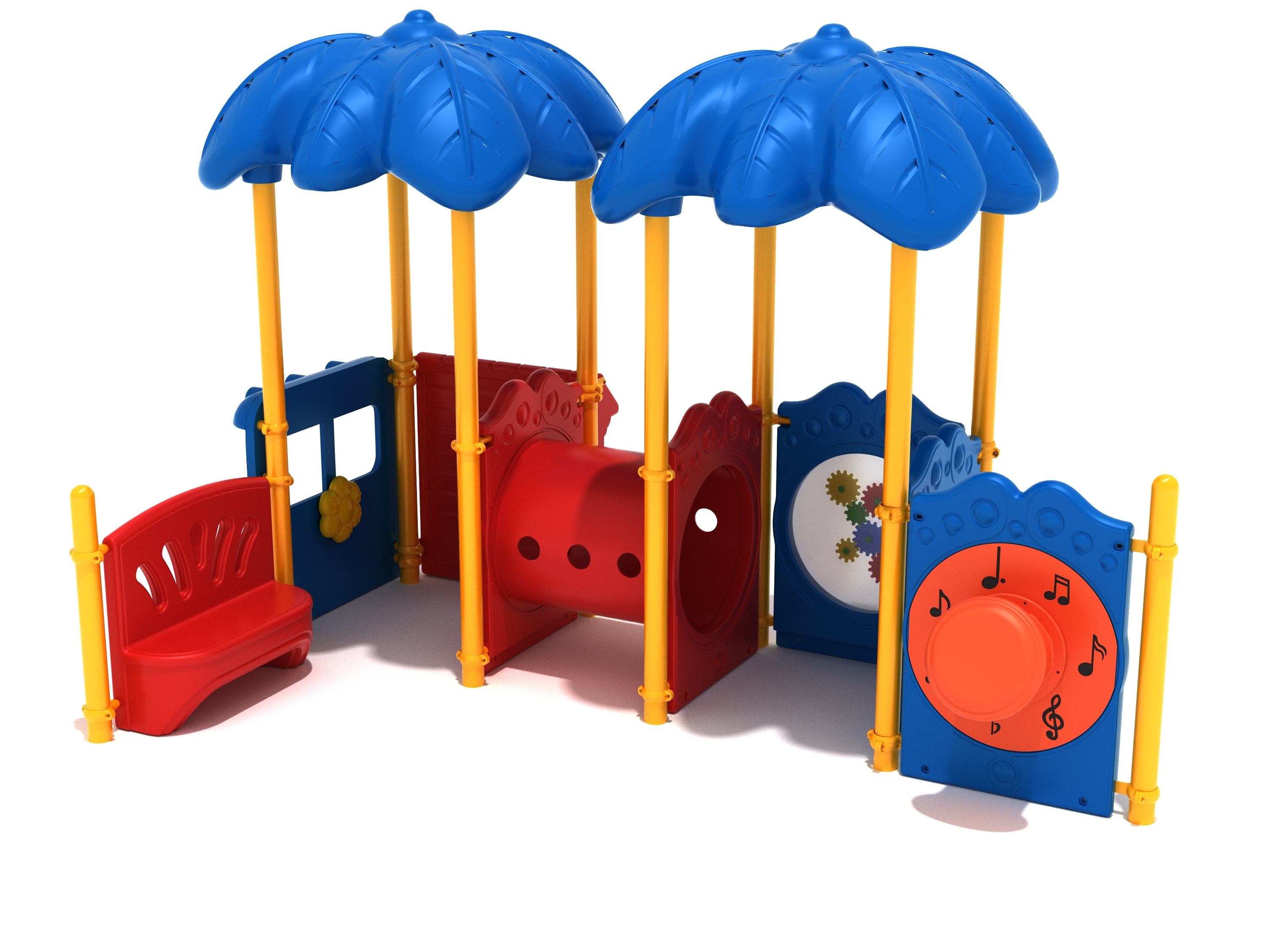 Colorful children's playground with blue leaf canopies, red crawl tube, interactive activity panels, and yellow support poles