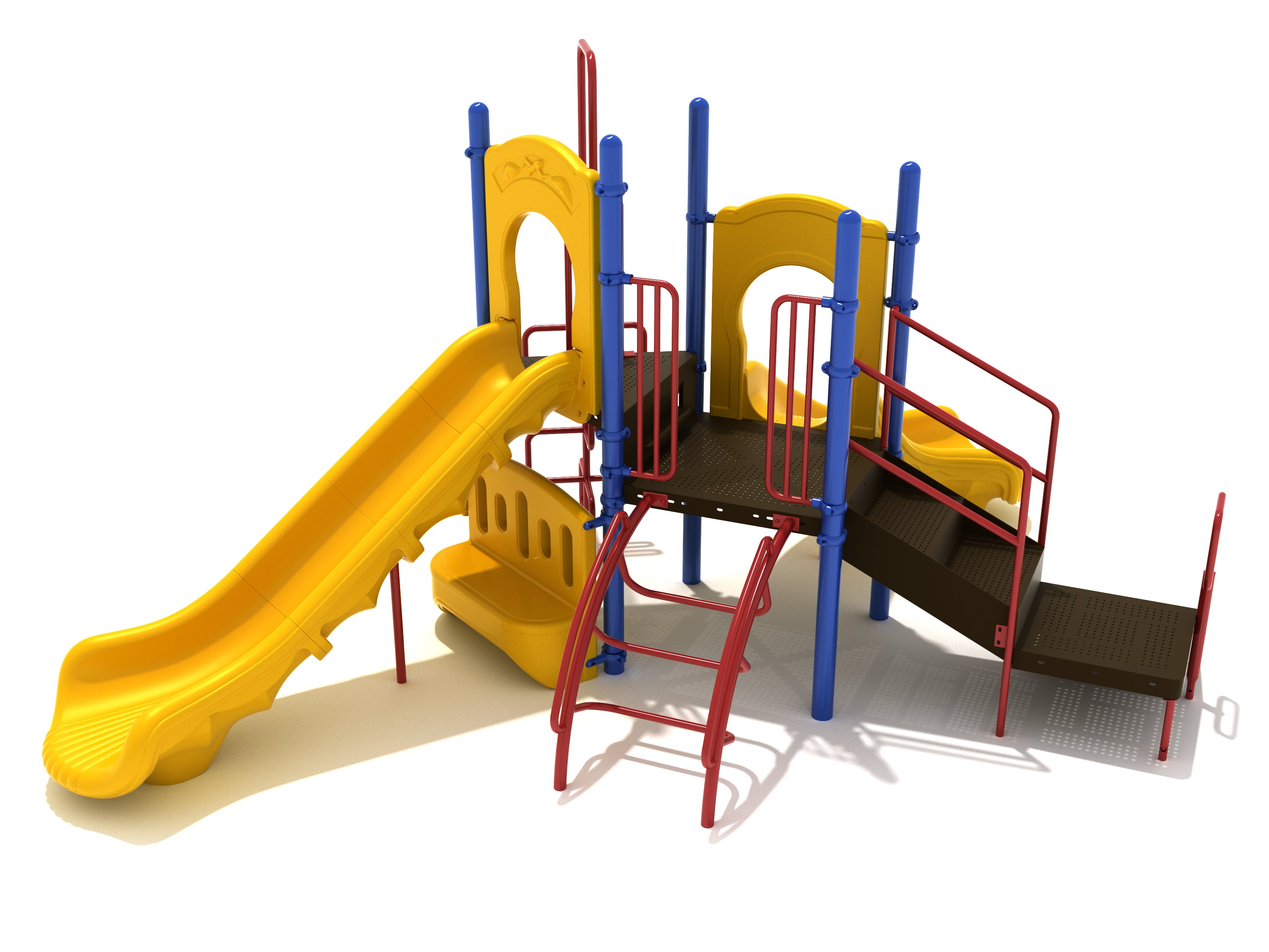 Primary-color playground with straight and right-turn yellow slides, red ribbon and arch climbers, ADA transfer station, and bench seat panel.