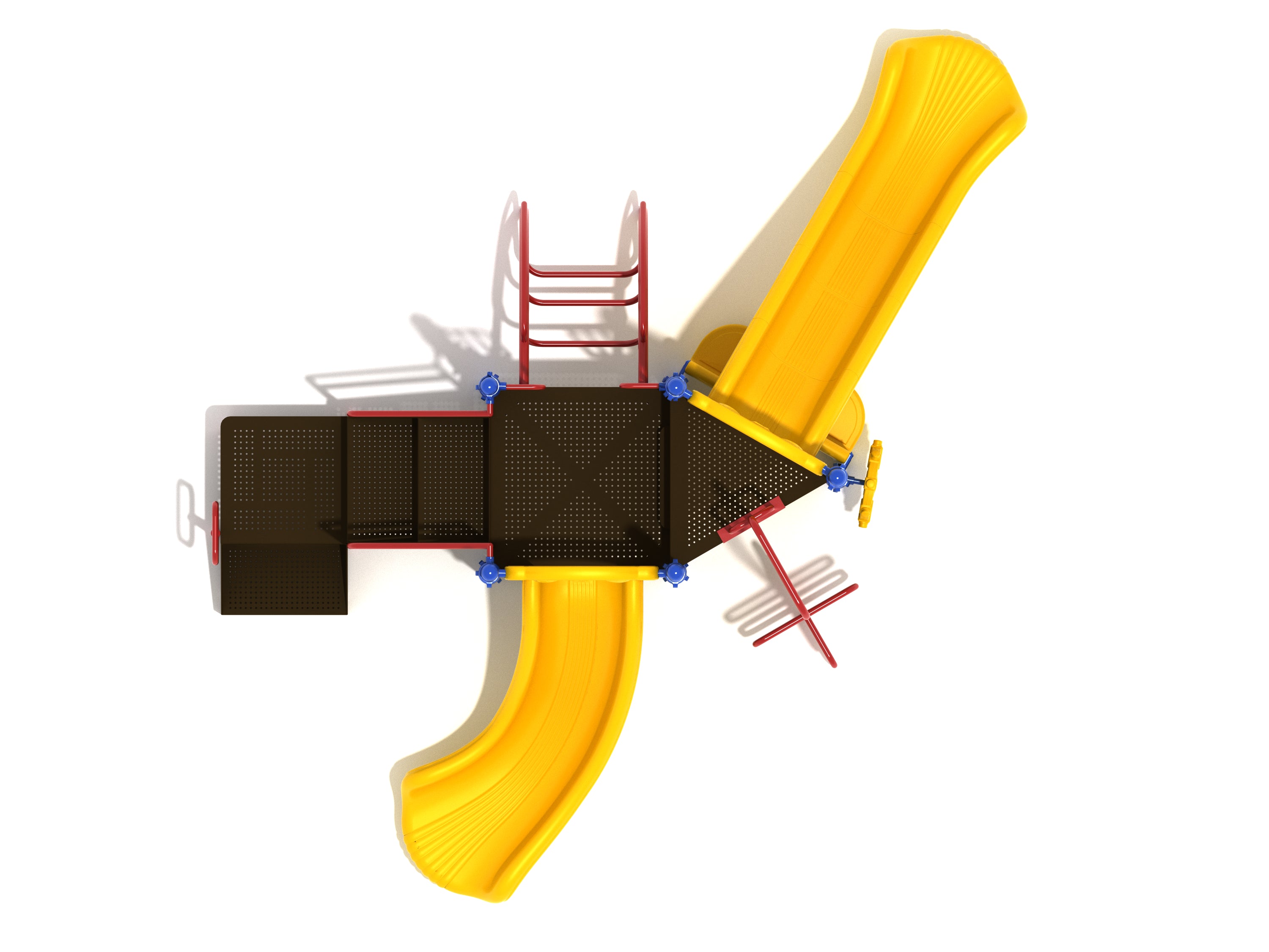 Overhead view of playground playset with yellow straight and curved slides, red climbers, ADA transfer step, and ship's wheel