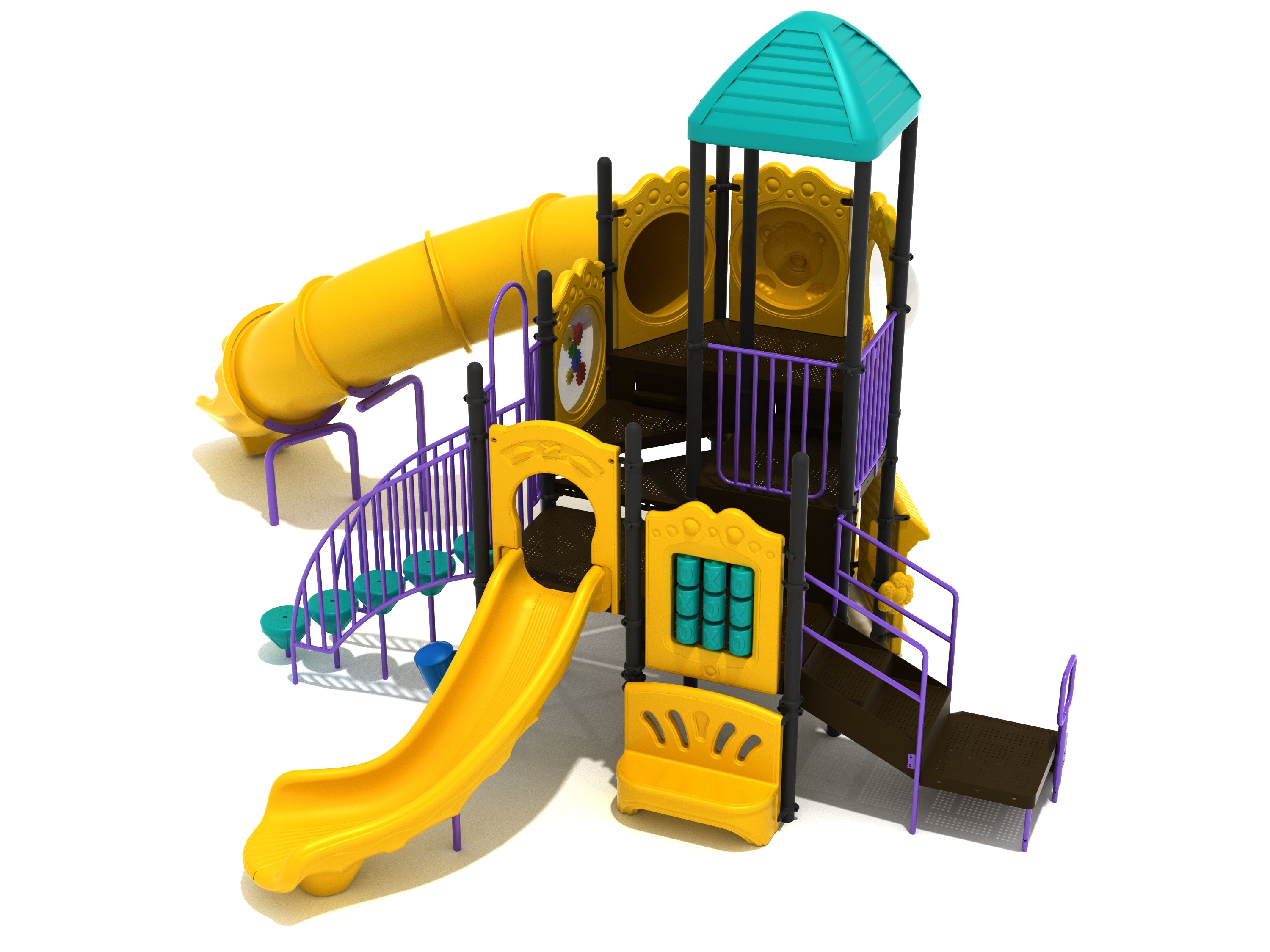 Helena Playground yellow-purple play structure with teal roof, curved tube slide, right-turn slide, activity panels, and pebble climber