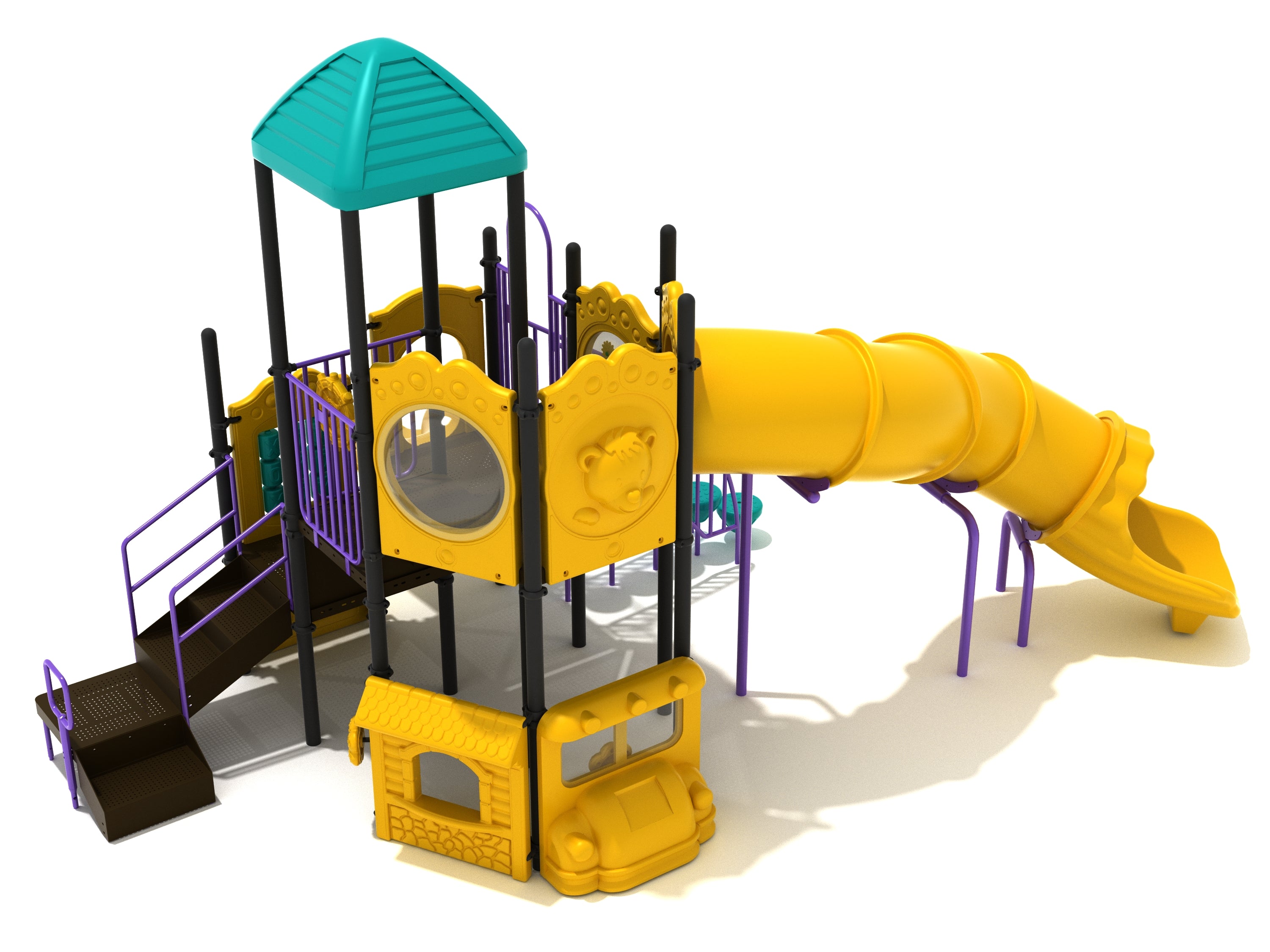 Multi-level yellow and purple playground structure with curved tube slide, activity panels, stairs, and interactive play features