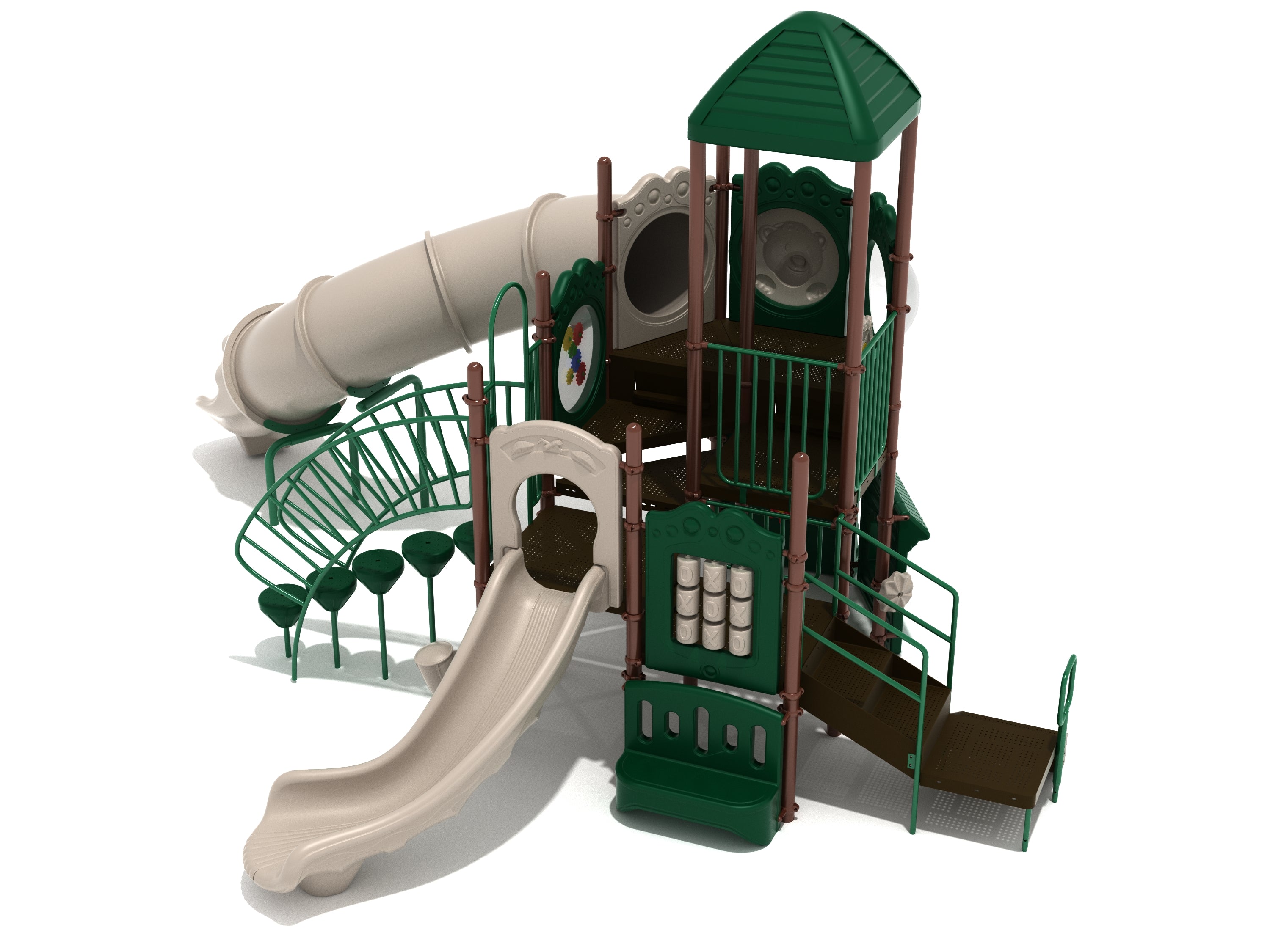 Multi-level playground with green roof, beige slides, tic-tac-toe and gear activity panels, curved tube slide, and climbing features.